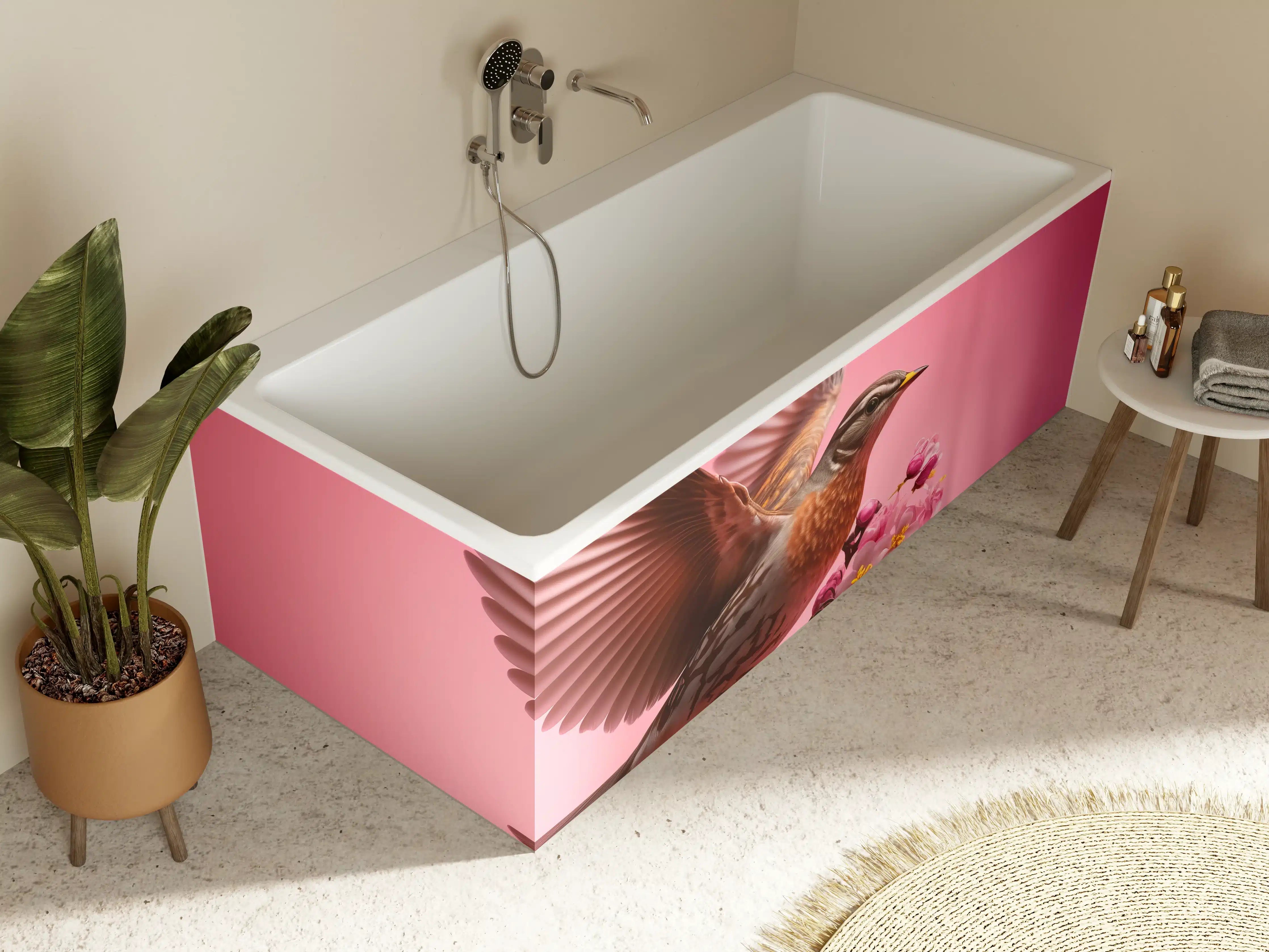 Badewannen-Rückwand - Rosa Kirschblüten Vogelflug