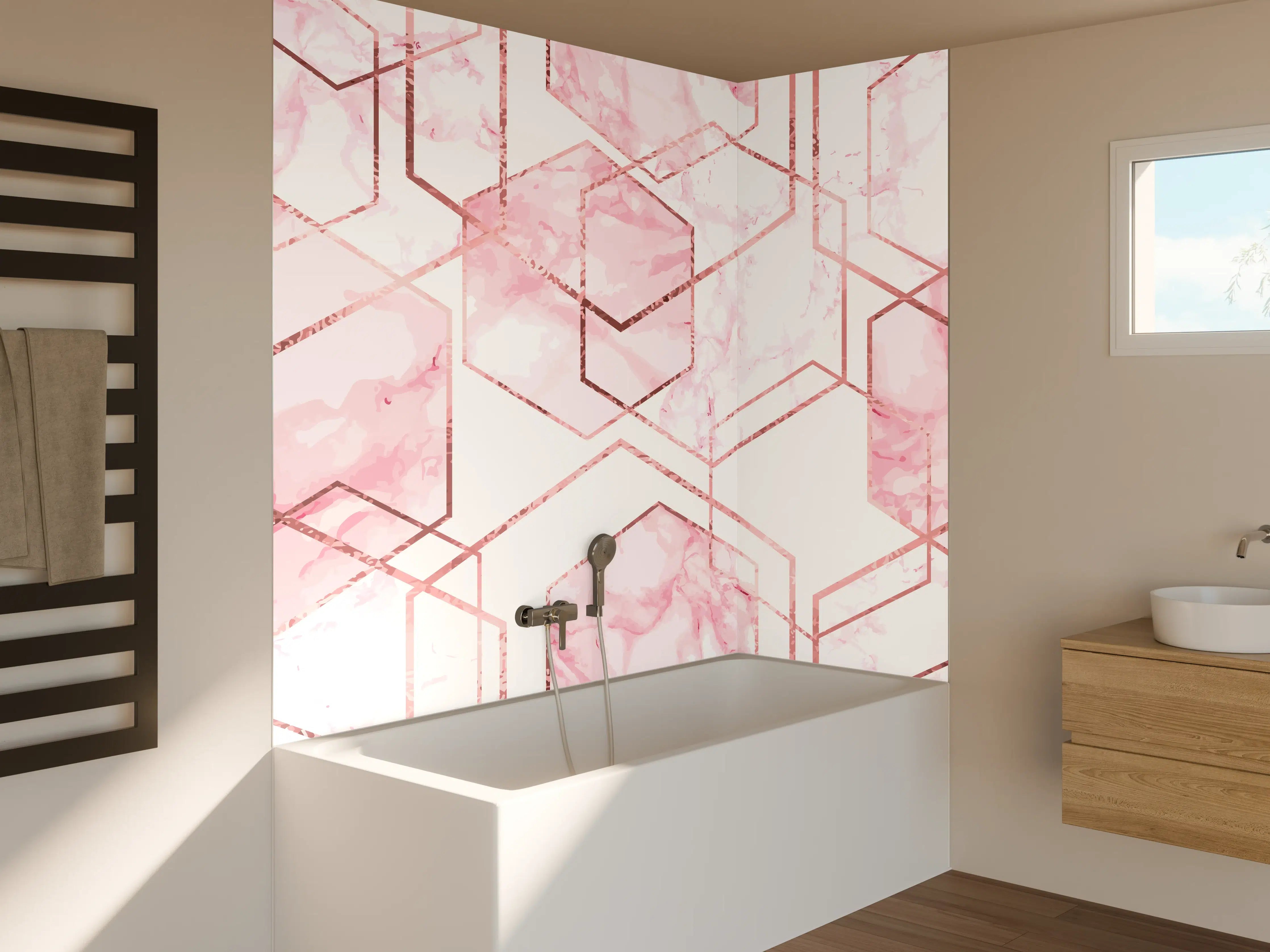 Badewannen-Rückwand - Rosa Marmor mit Goldakzenten