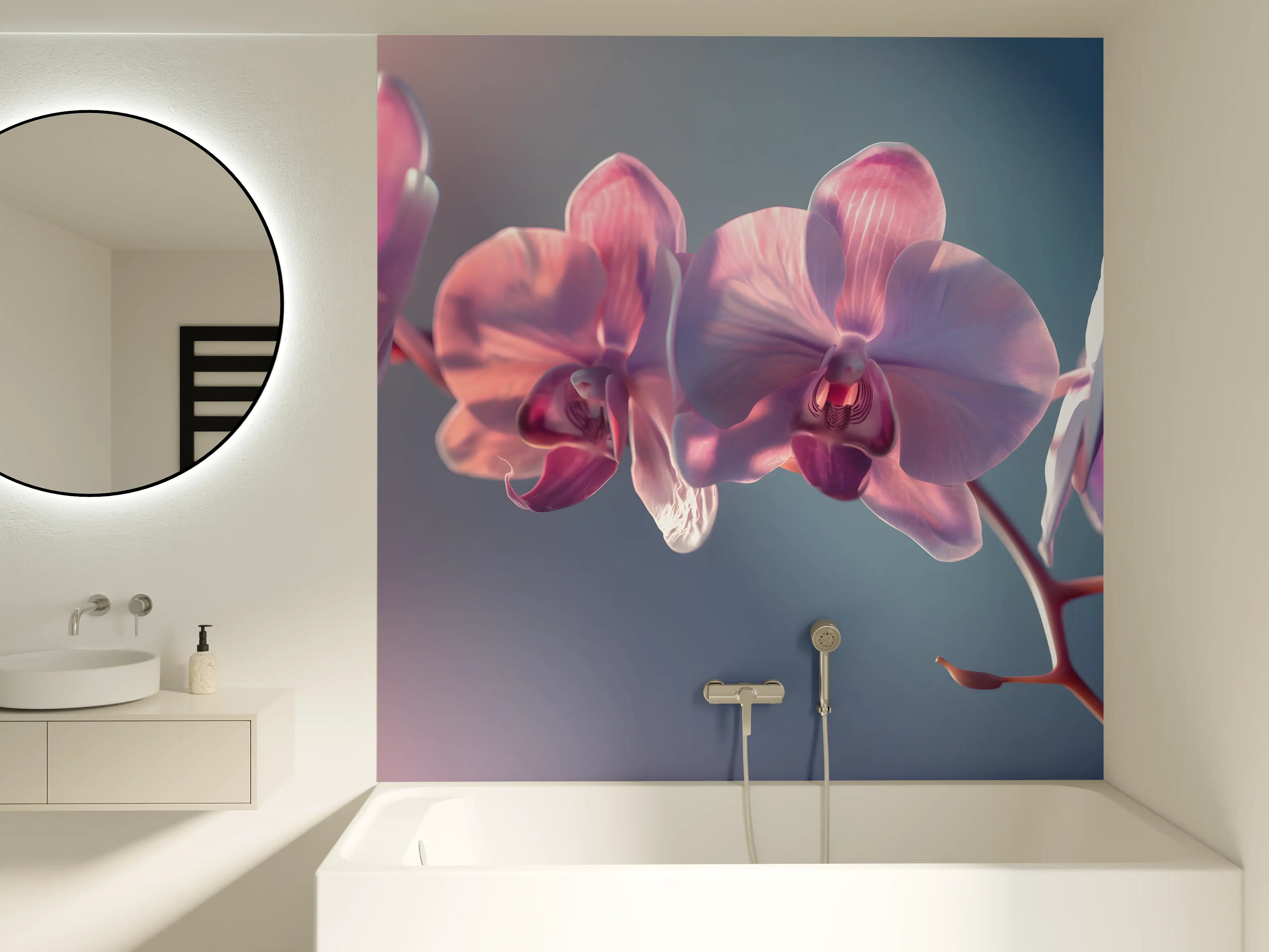 Badewannen-Rückwand - Rosa Orchideen auf Blau
