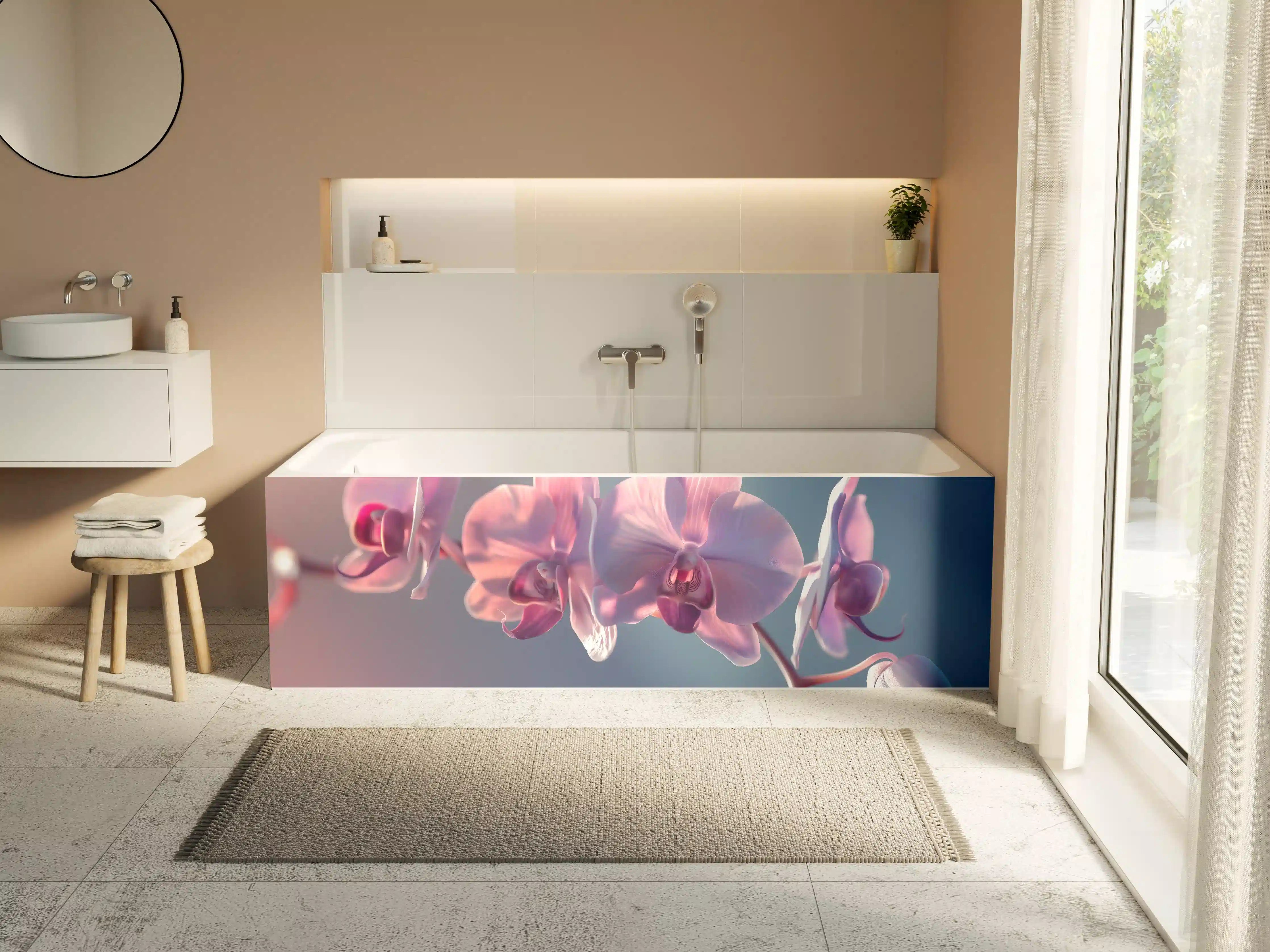 Badewannen-Rückwand - Rosa Orchideen auf Blau