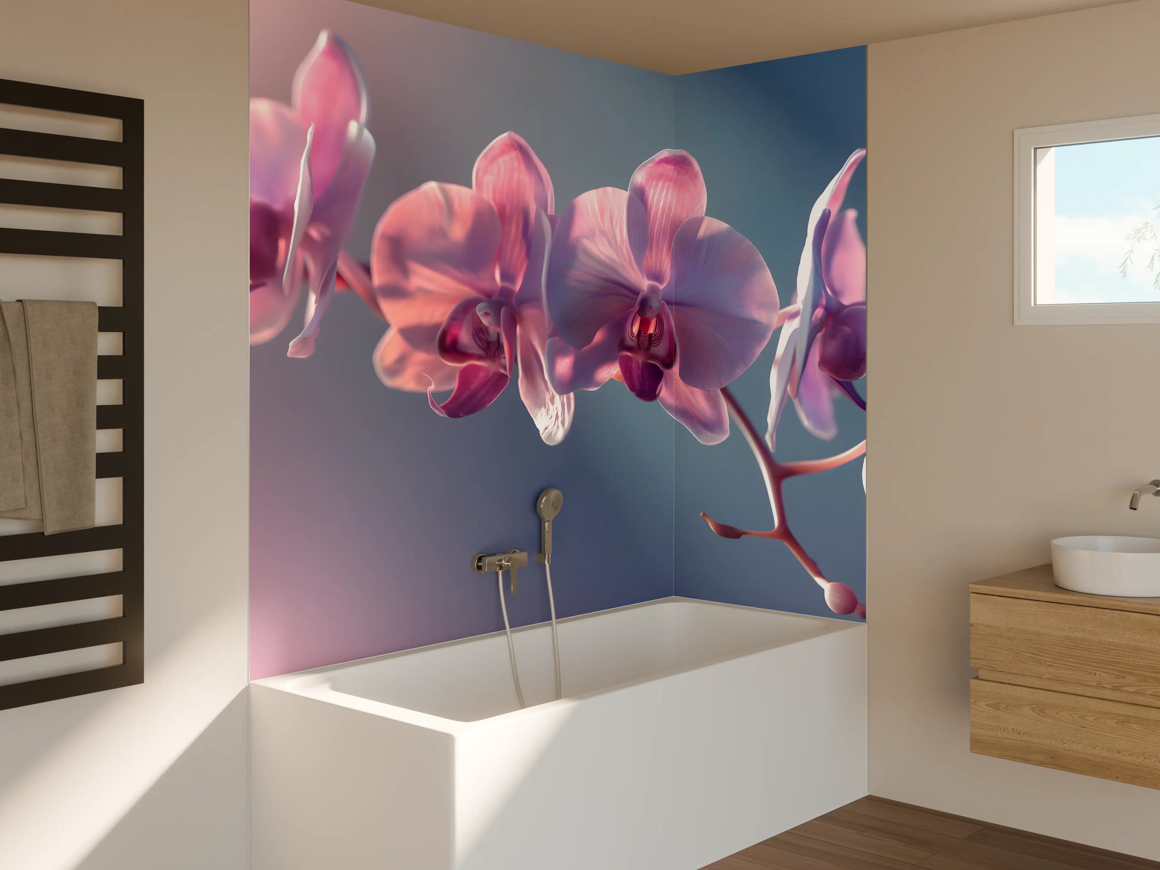 Badewannen-Rückwand - Rosa Orchideen auf Blau