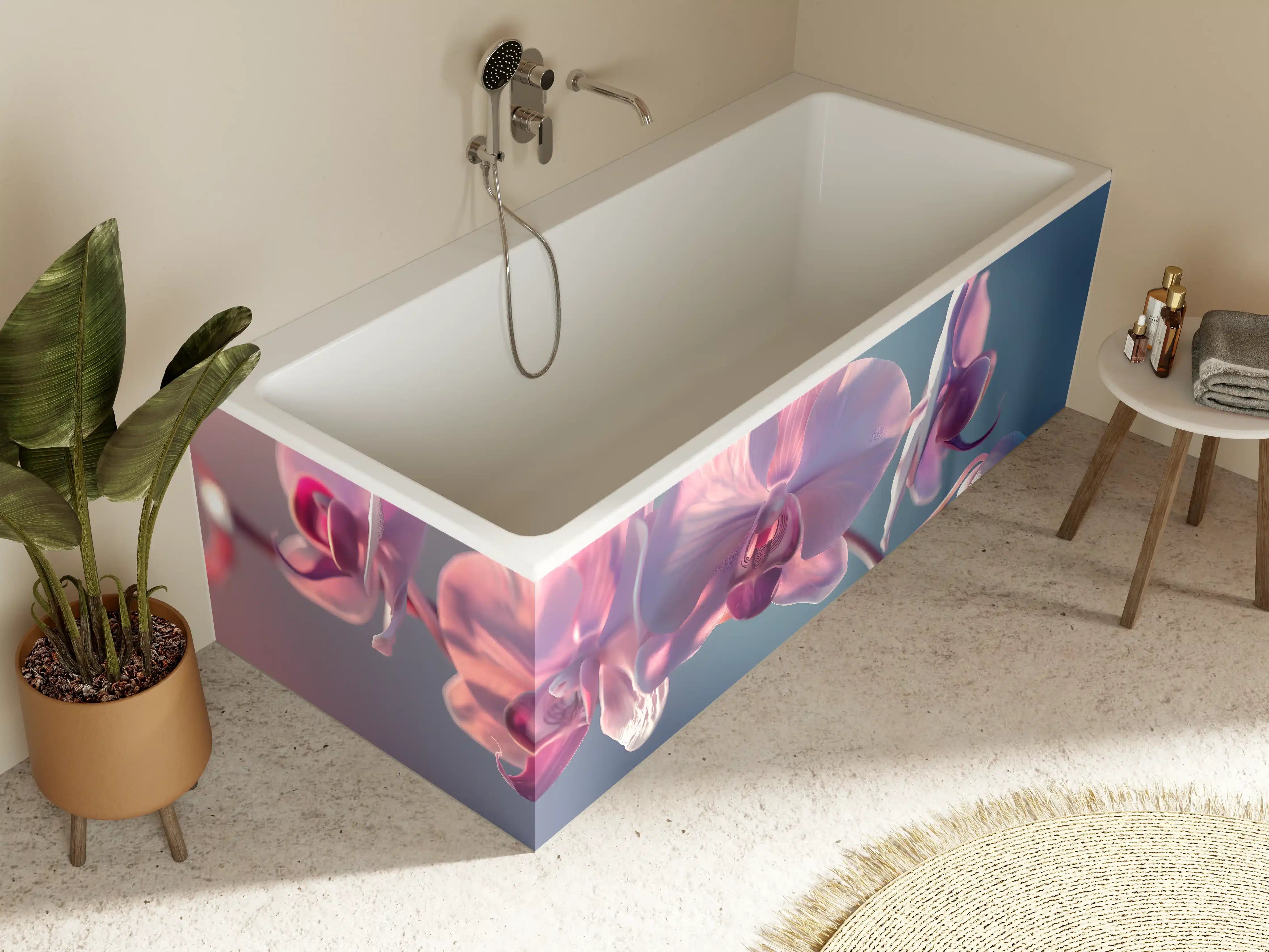 Badewannen-Rückwand - Rosa Orchideen auf Blau