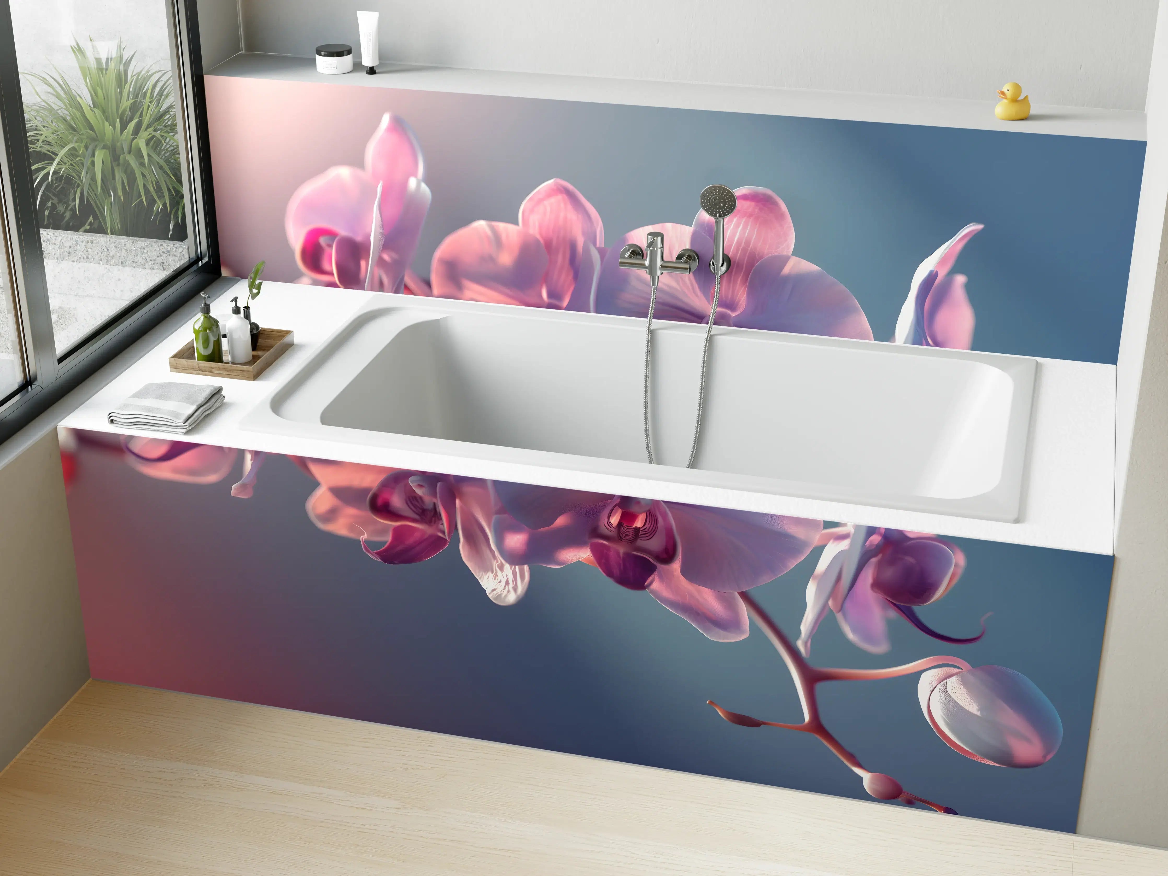 Badewannen-Rückwand - Rosa Orchideen auf Blau