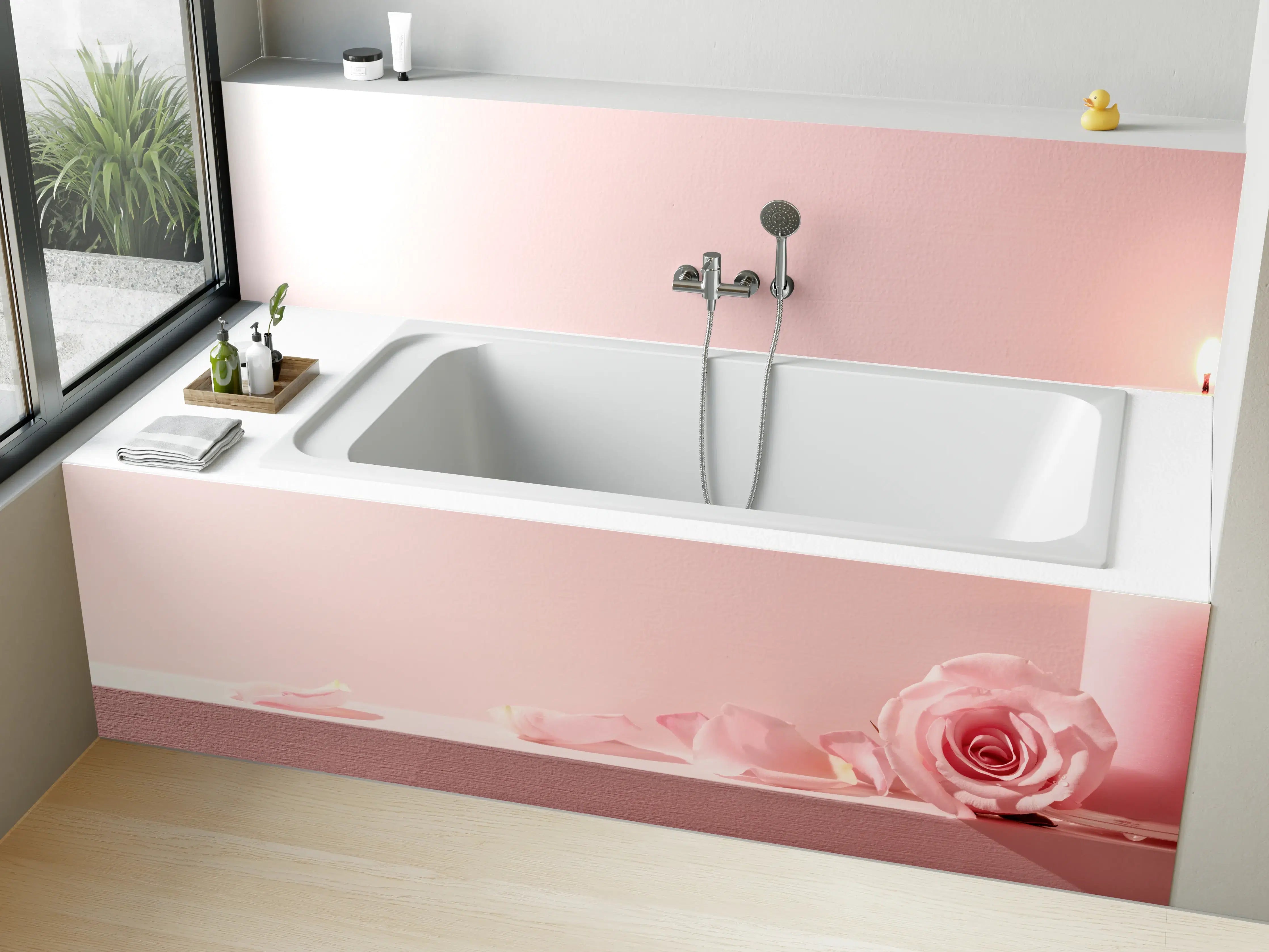 Badewannen-Rückwand - Rosa Rosen und Kerze auf einem rosa Hintergrund