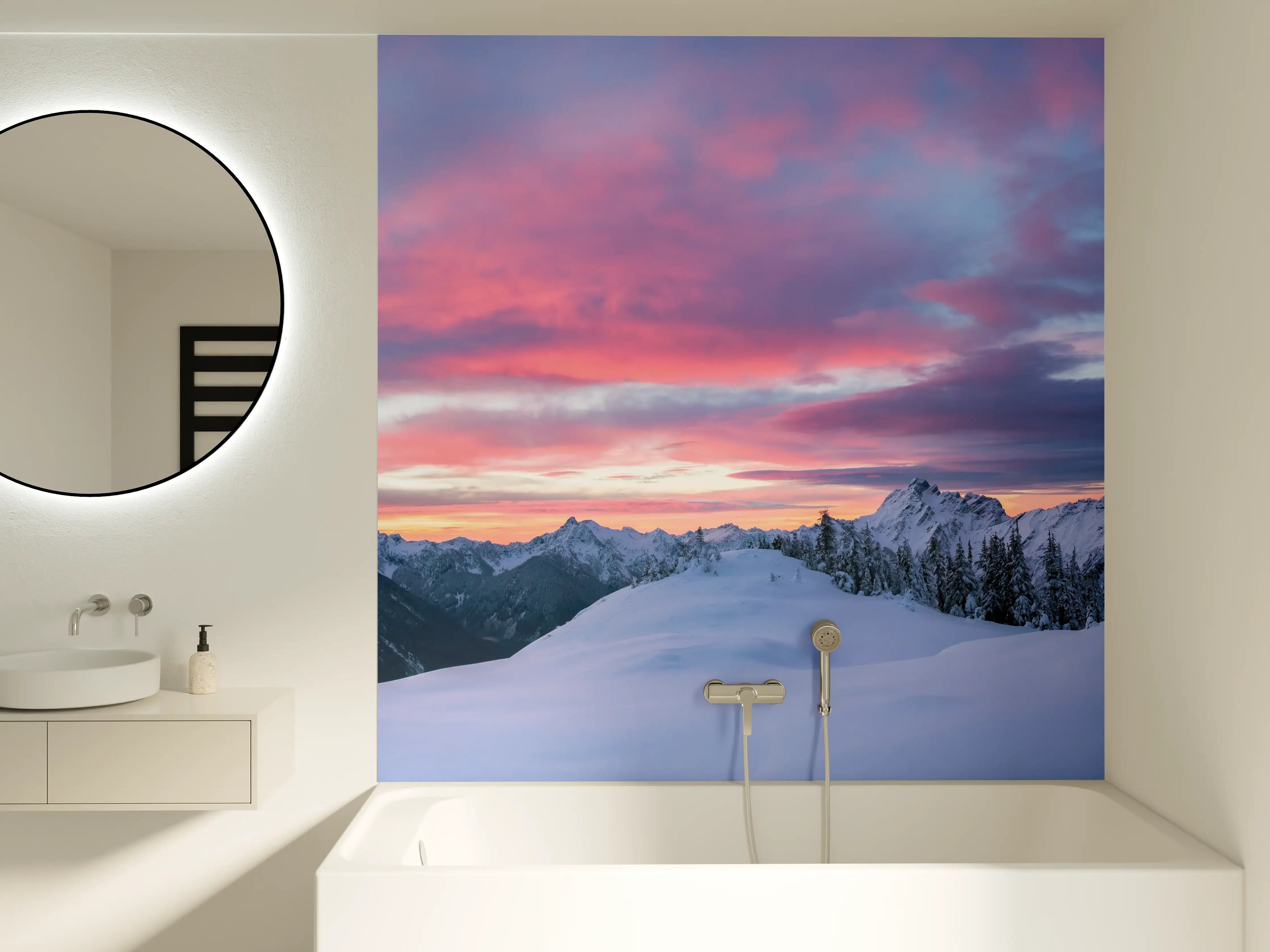 Badewannen-Rückwand - Rosa Sonnenuntergang Bergpanorama