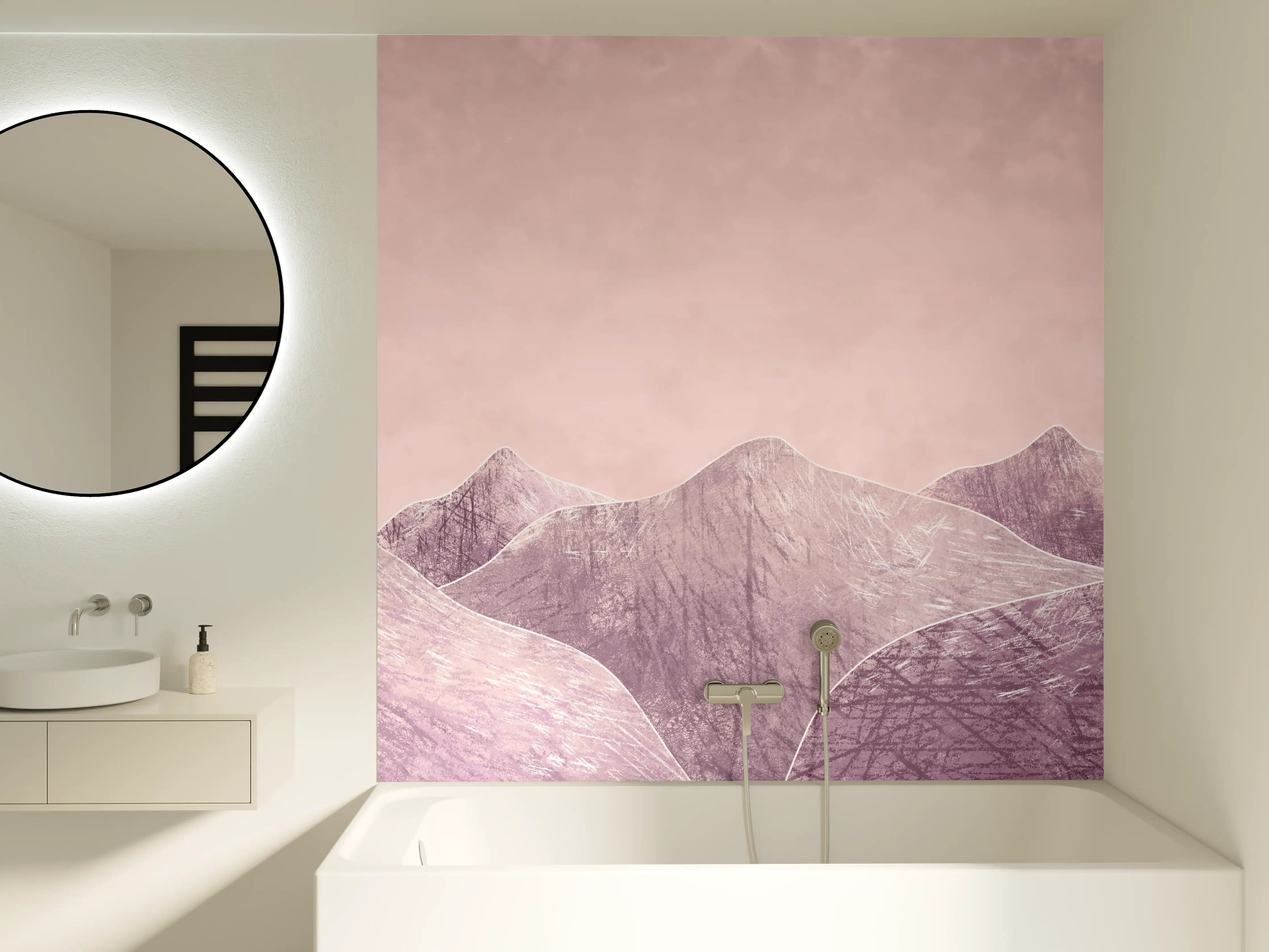 Badewannen-Rückwand - Rosa-lilane Berglandschaft - Kunstmalerei
