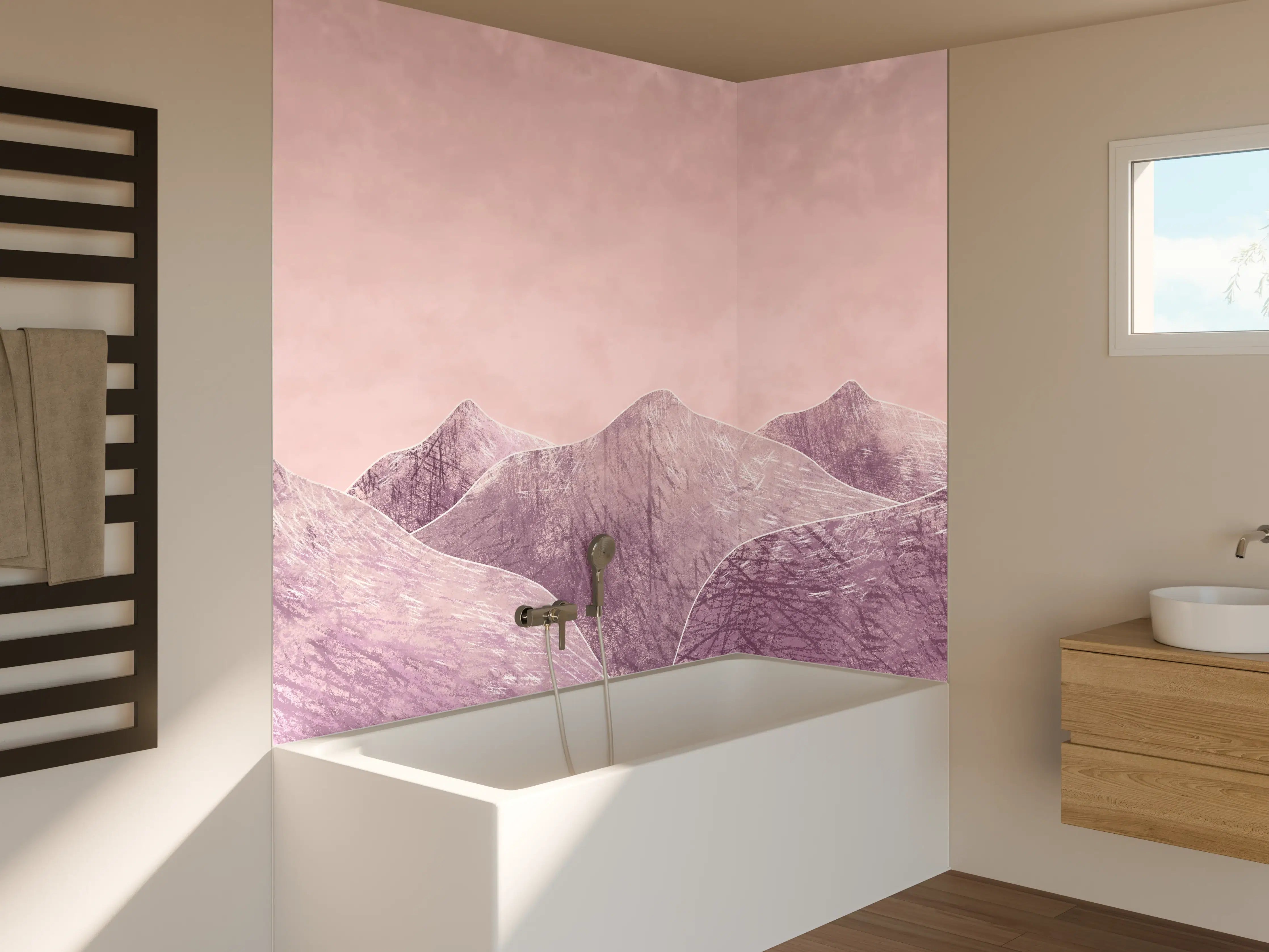 Badewannen-Rückwand - Rosa-lilane Berglandschaft - Kunstmalerei