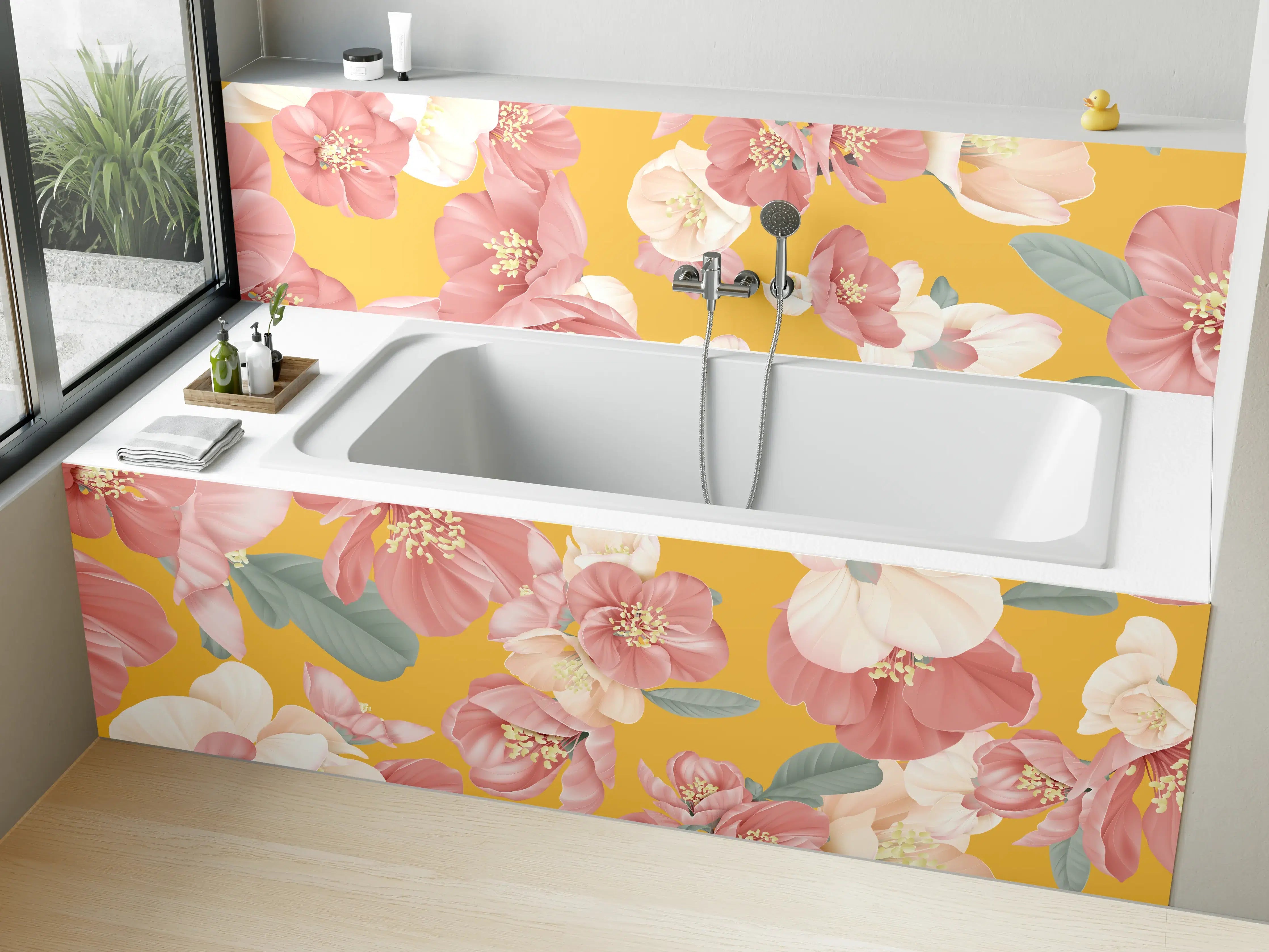 Badewannen-Rückwand - Rosa-weiße Blüten