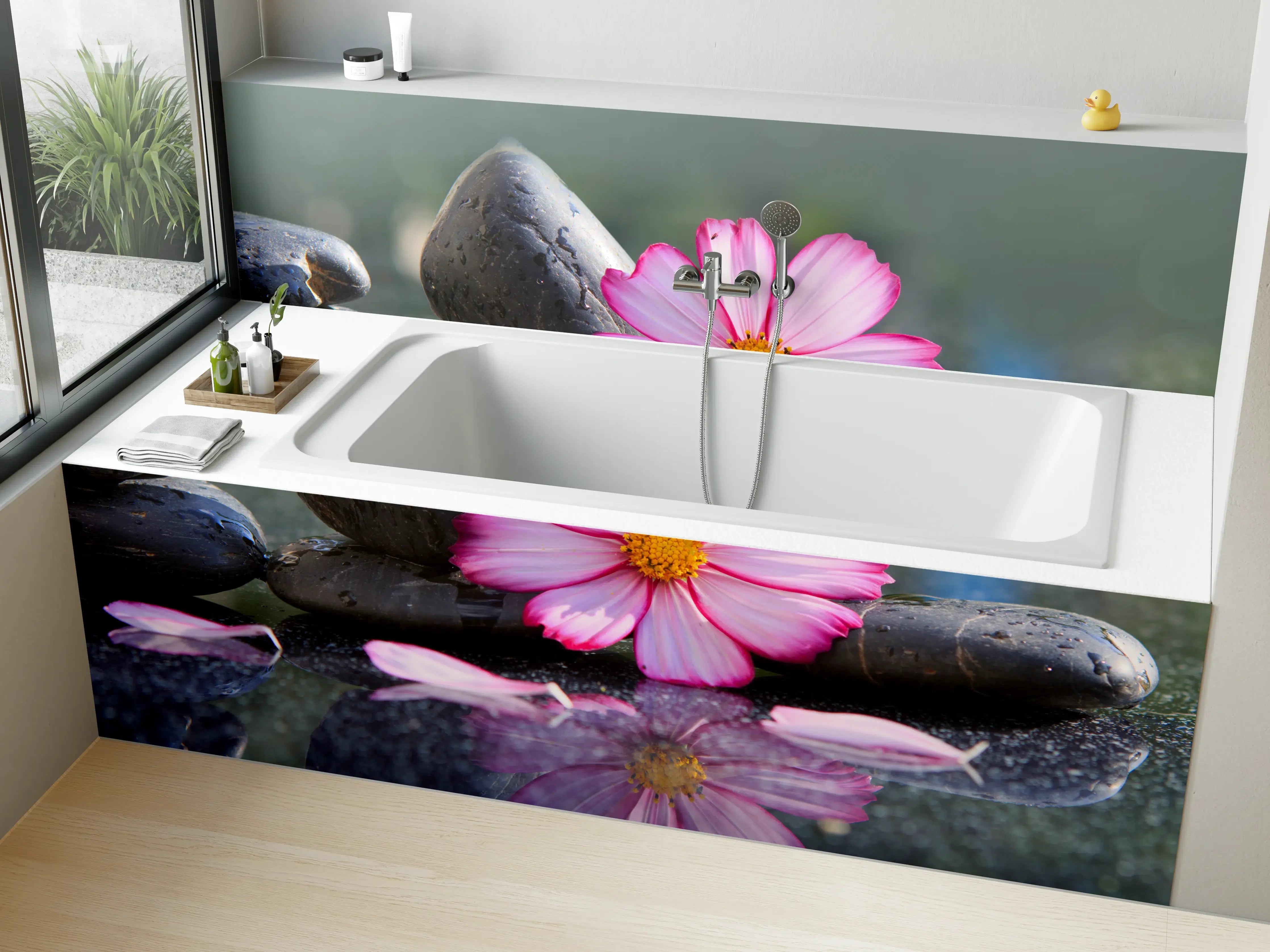 Badewannen-Rückwand - Rosen am Wasser mit glatten Steinen