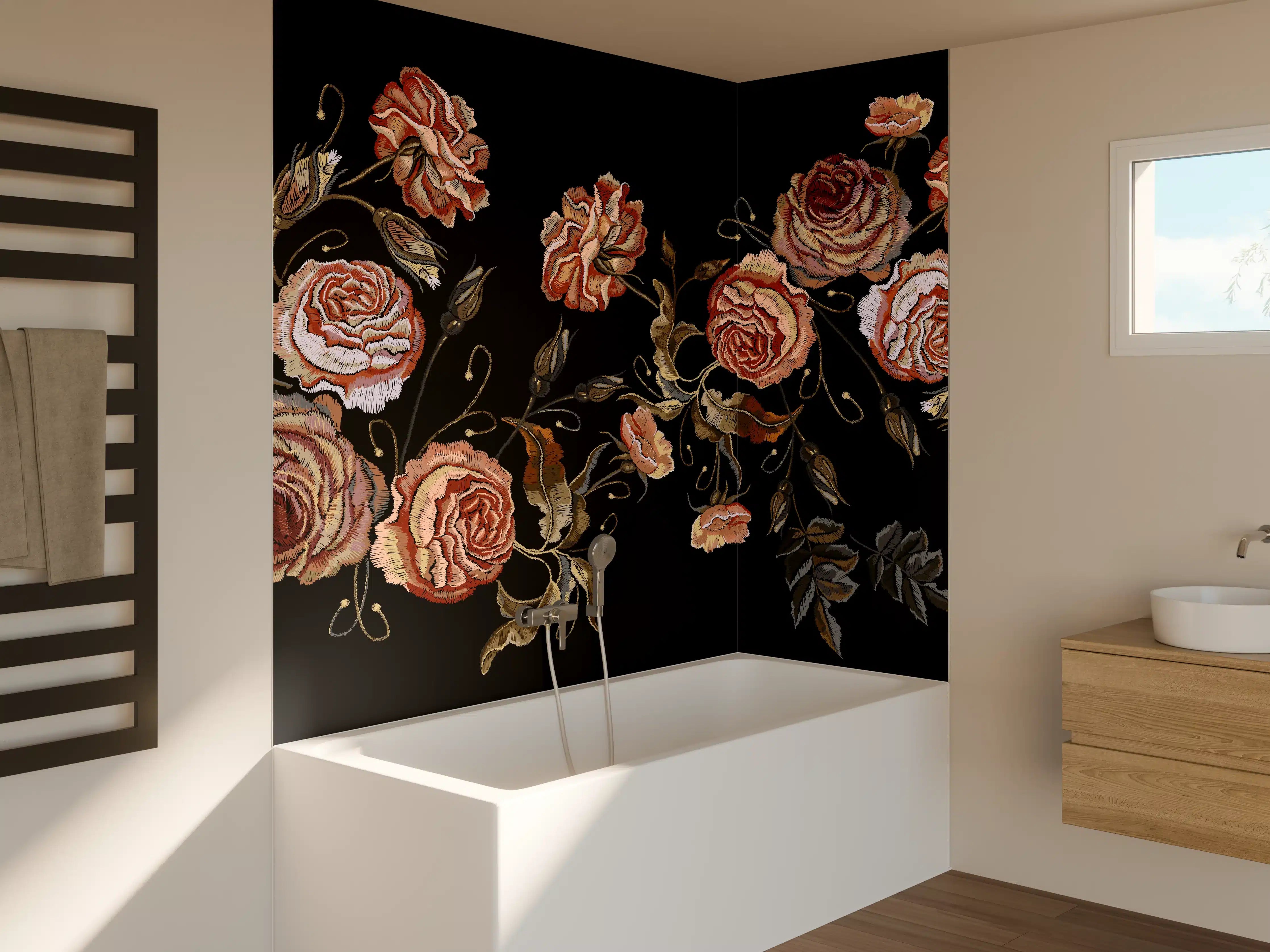 Badewannen-Rückwand - Rosenstickerei Renaissance Schwarz