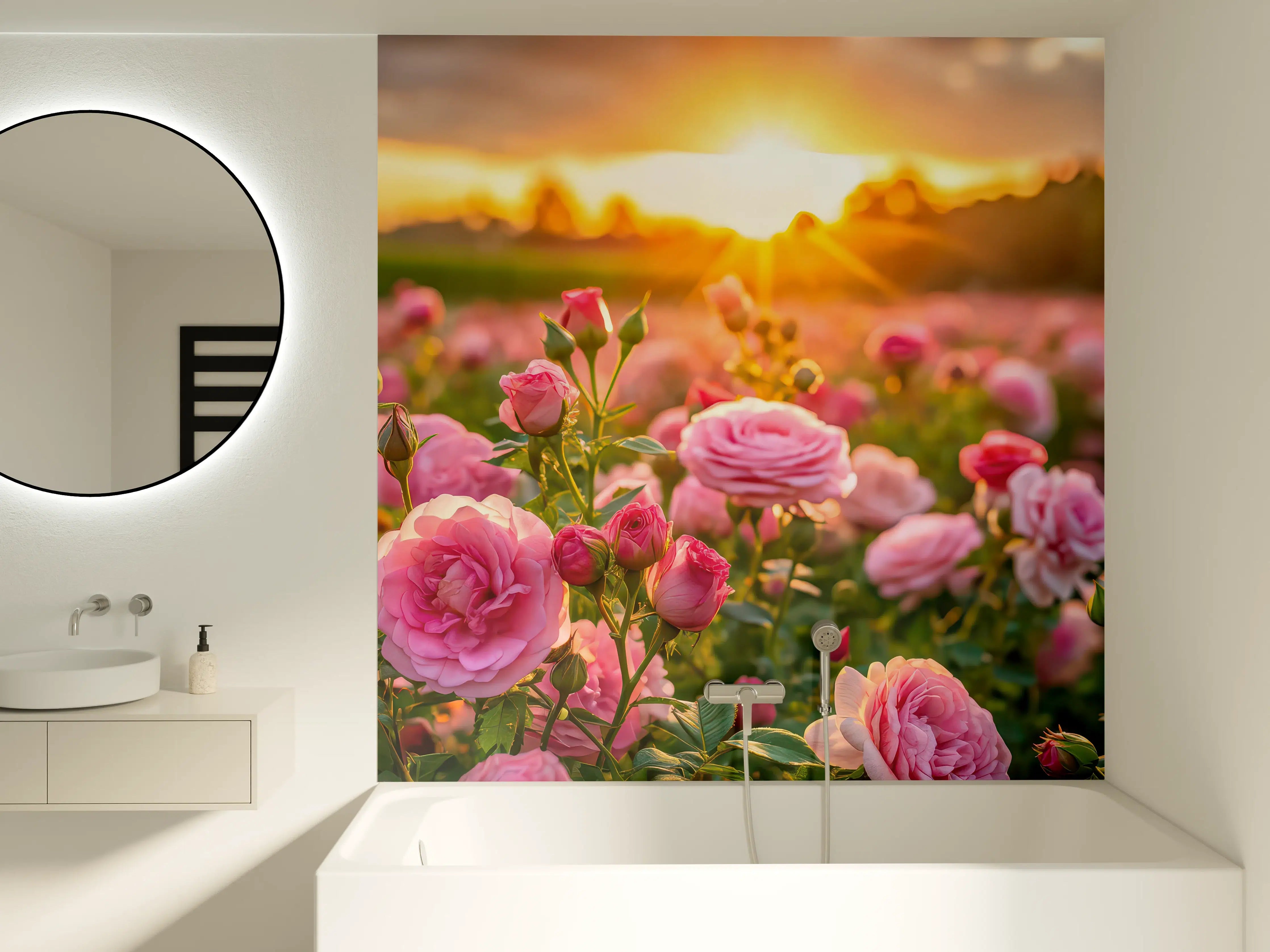 Badewannen-Rückwand - Rosenwiese bei Sonnenuntergang