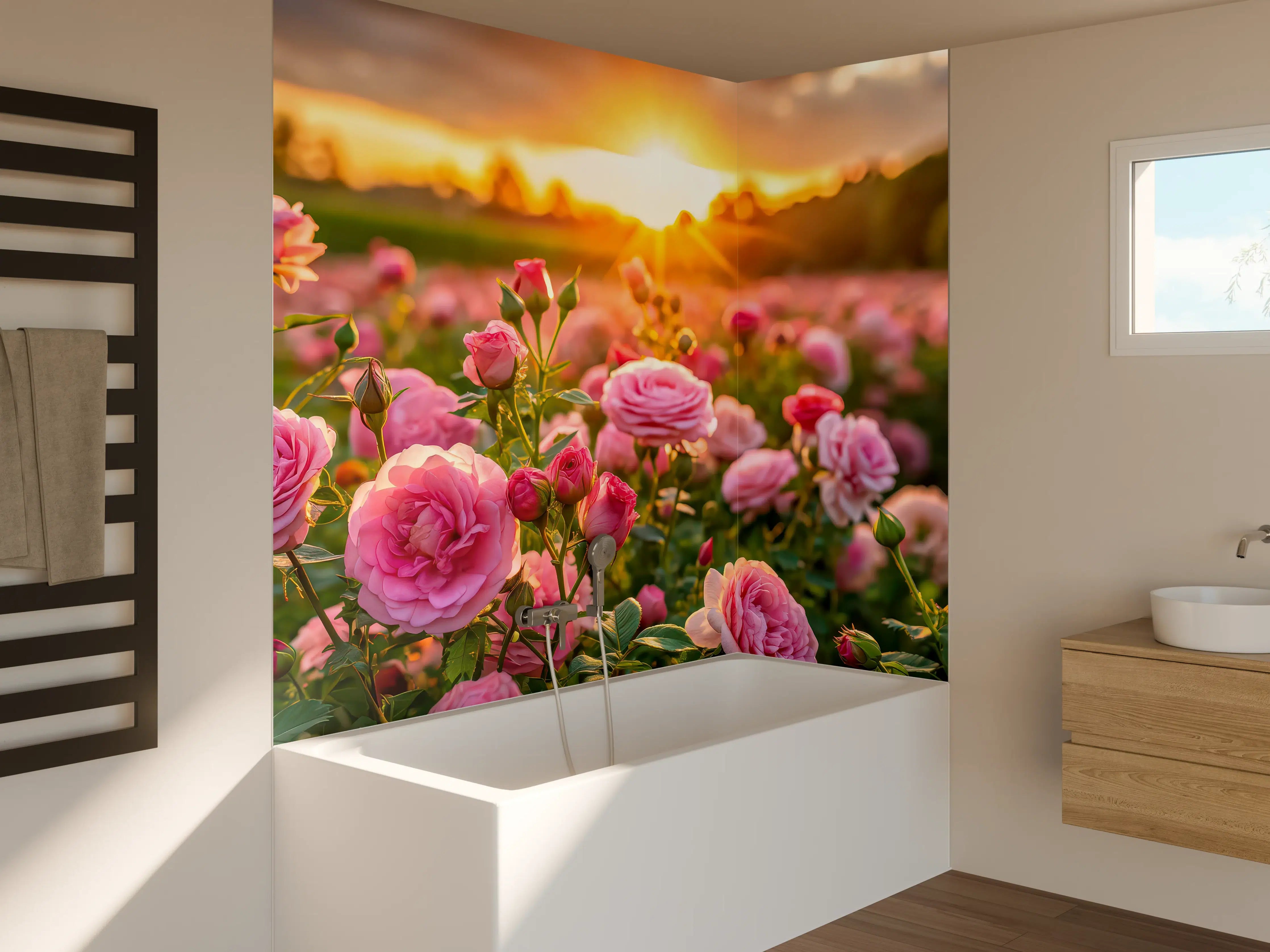 Badewannen-Rückwand - Rosenwiese bei Sonnenuntergang