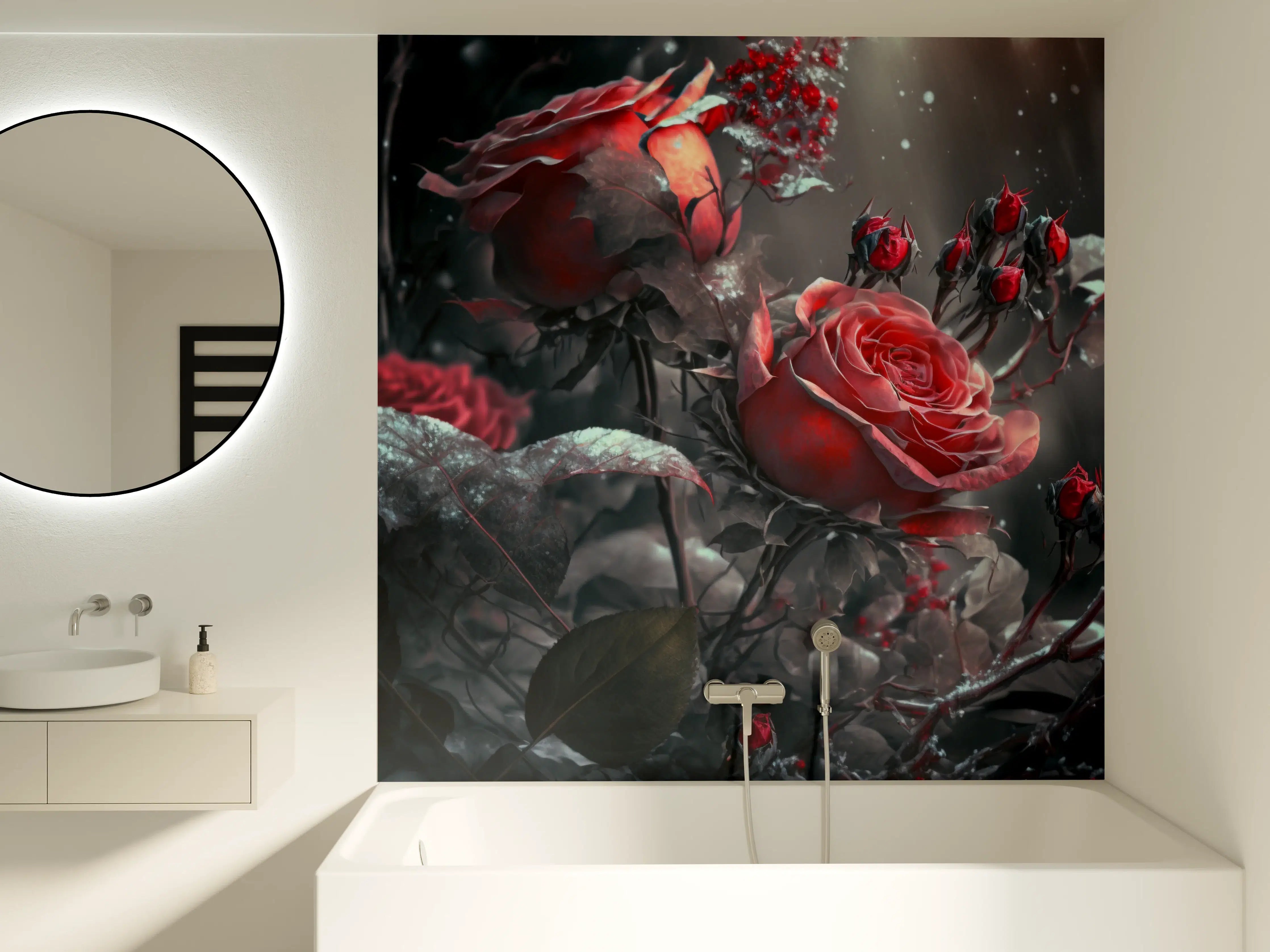Badewannen-Rückwand - Rot-Blumen-Arrangement mit dunklem Hintergrund