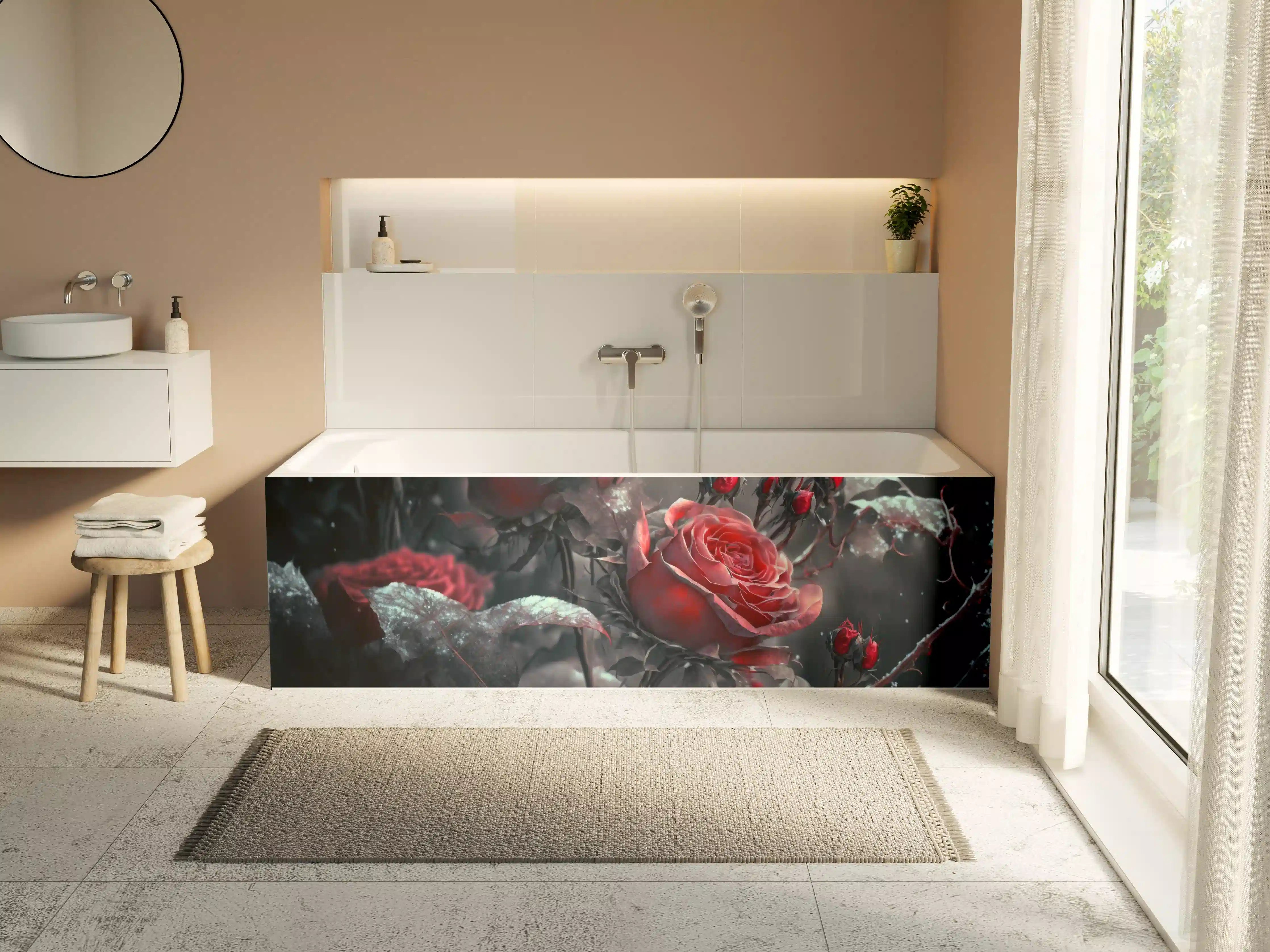 Badewannen-Rückwand - Rot-Blumen-Arrangement mit dunklem Hintergrund