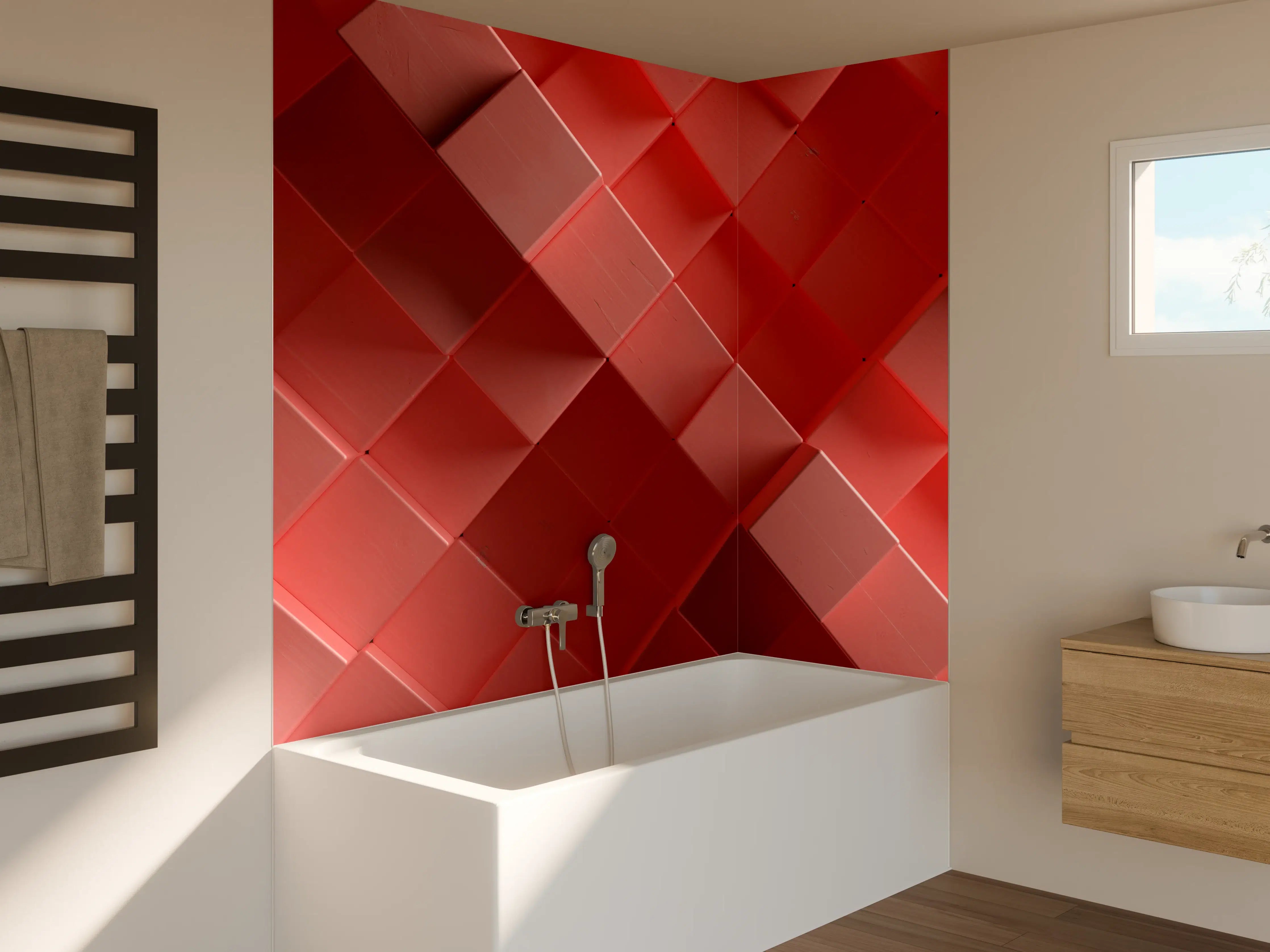 Badewannen-Rückwand - Rote 3D Würfel Struktur