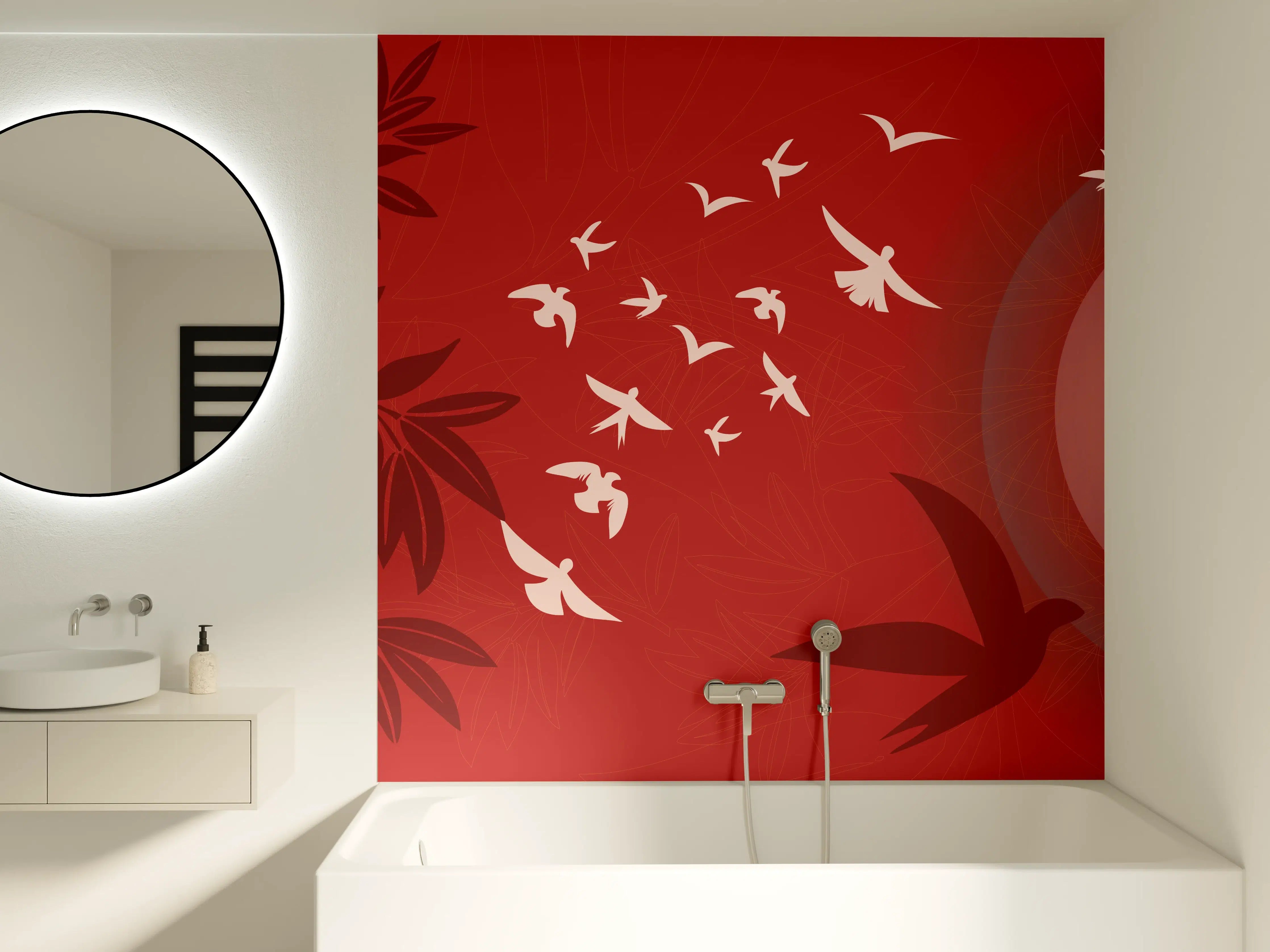Badewannen-Rückwand - Rote Abendstimmung Vögel Silhouetten