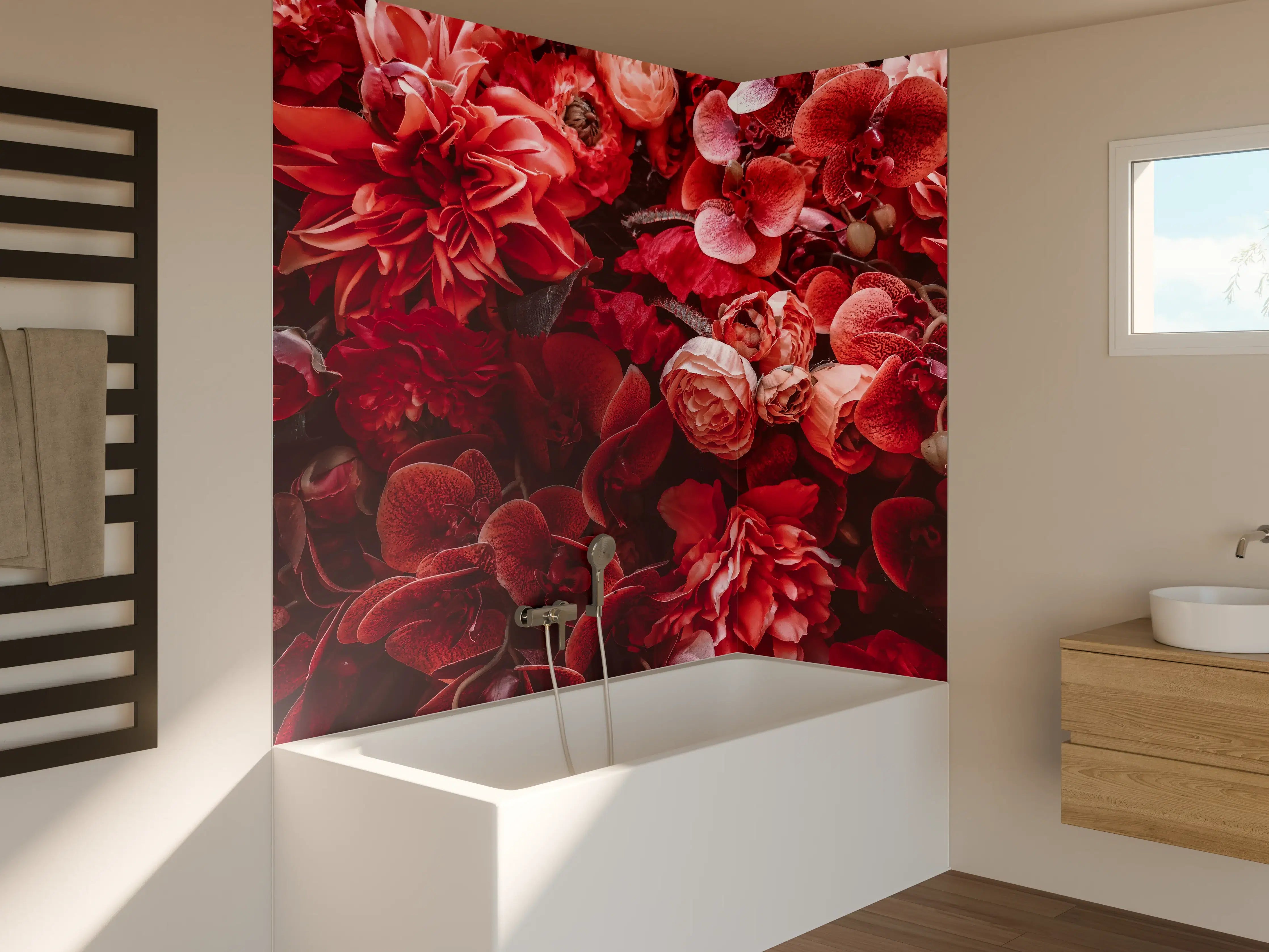 Badewannen-Rückwand - Rote Blumenvielfalt in Nahaufnahme