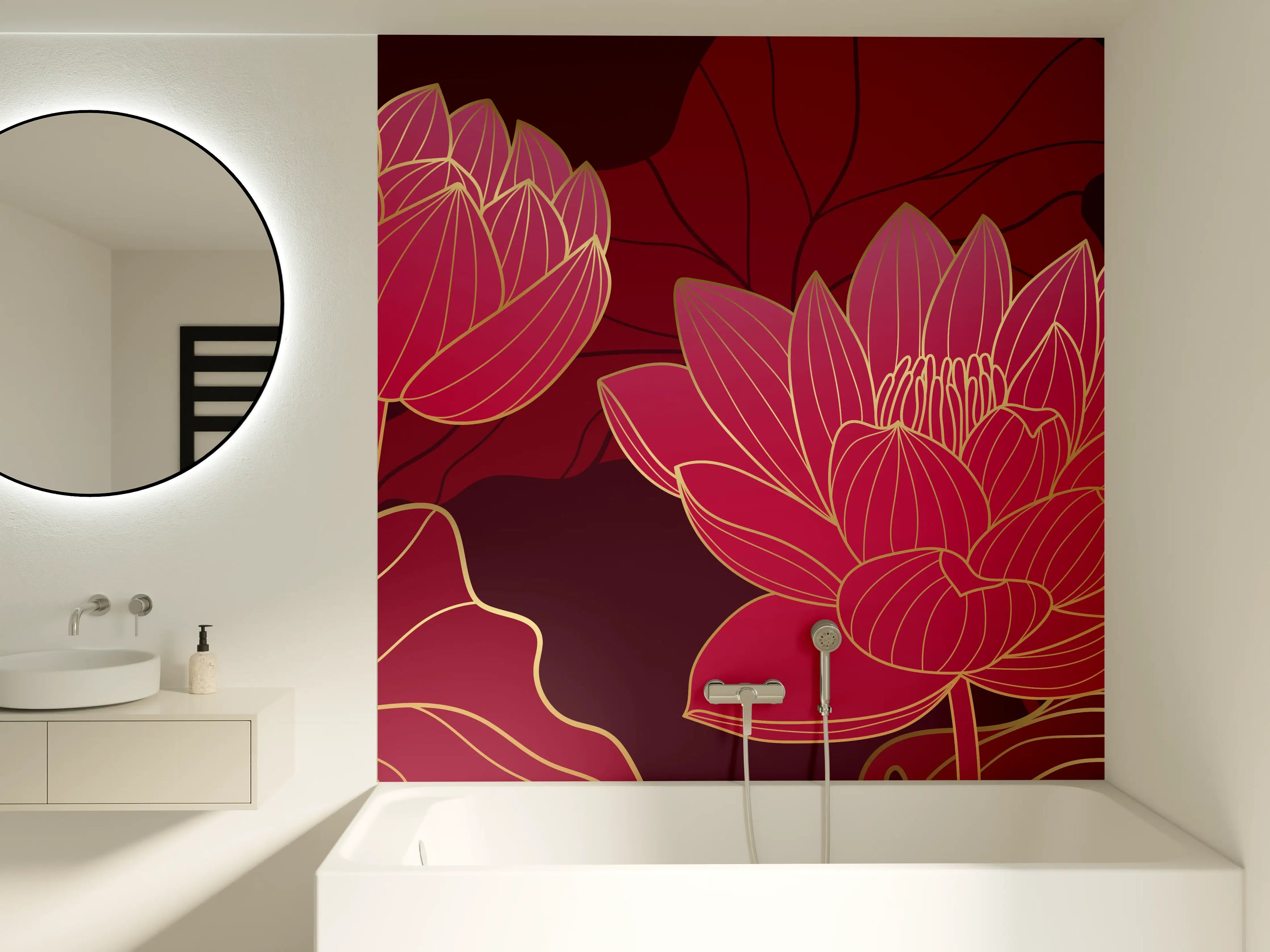 Badewannen-Rückwand - Rote Lotusblüten Lineart Design