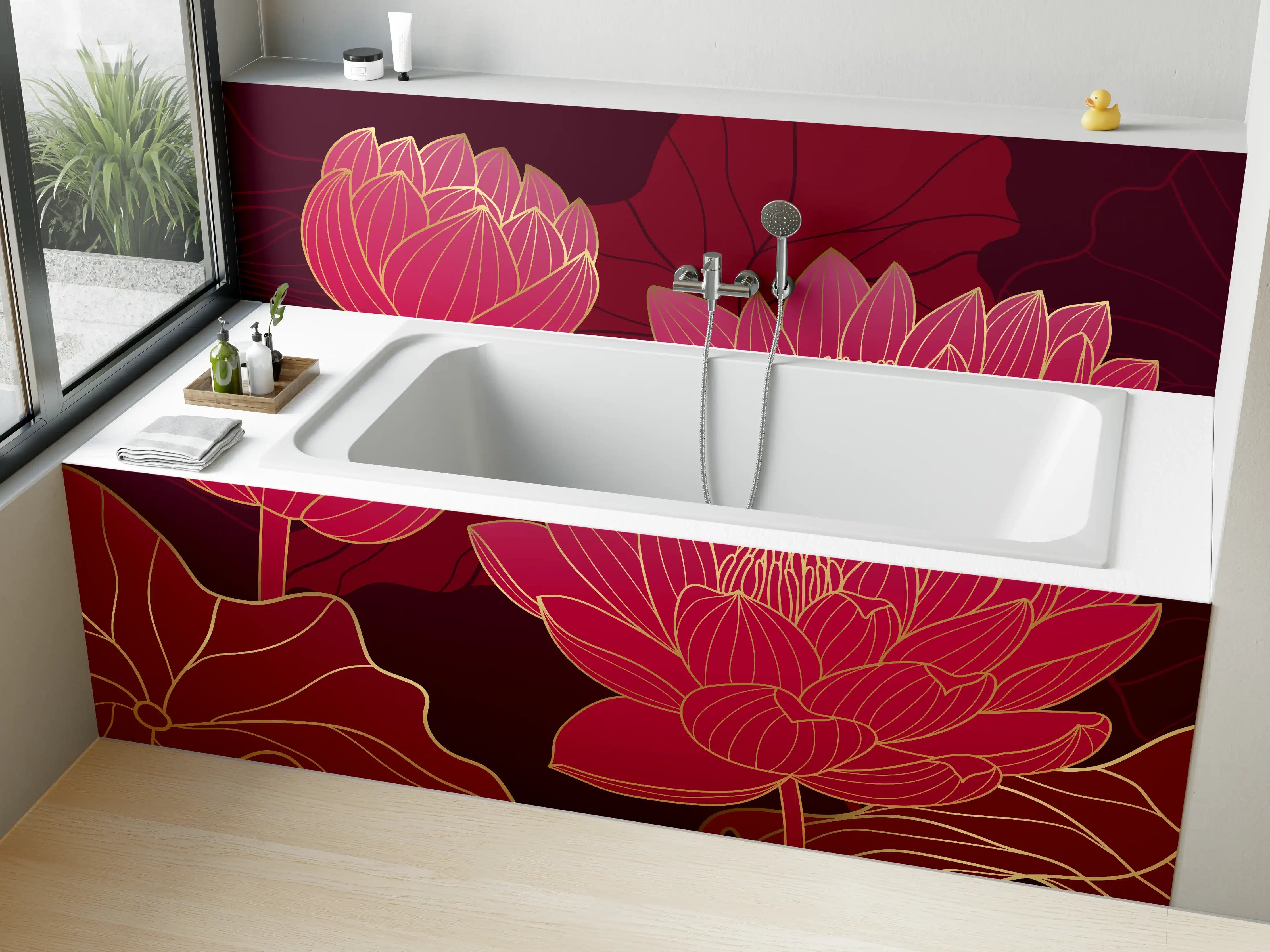 Badewannen-Rückwand - Rote Lotusblüten Lineart Design