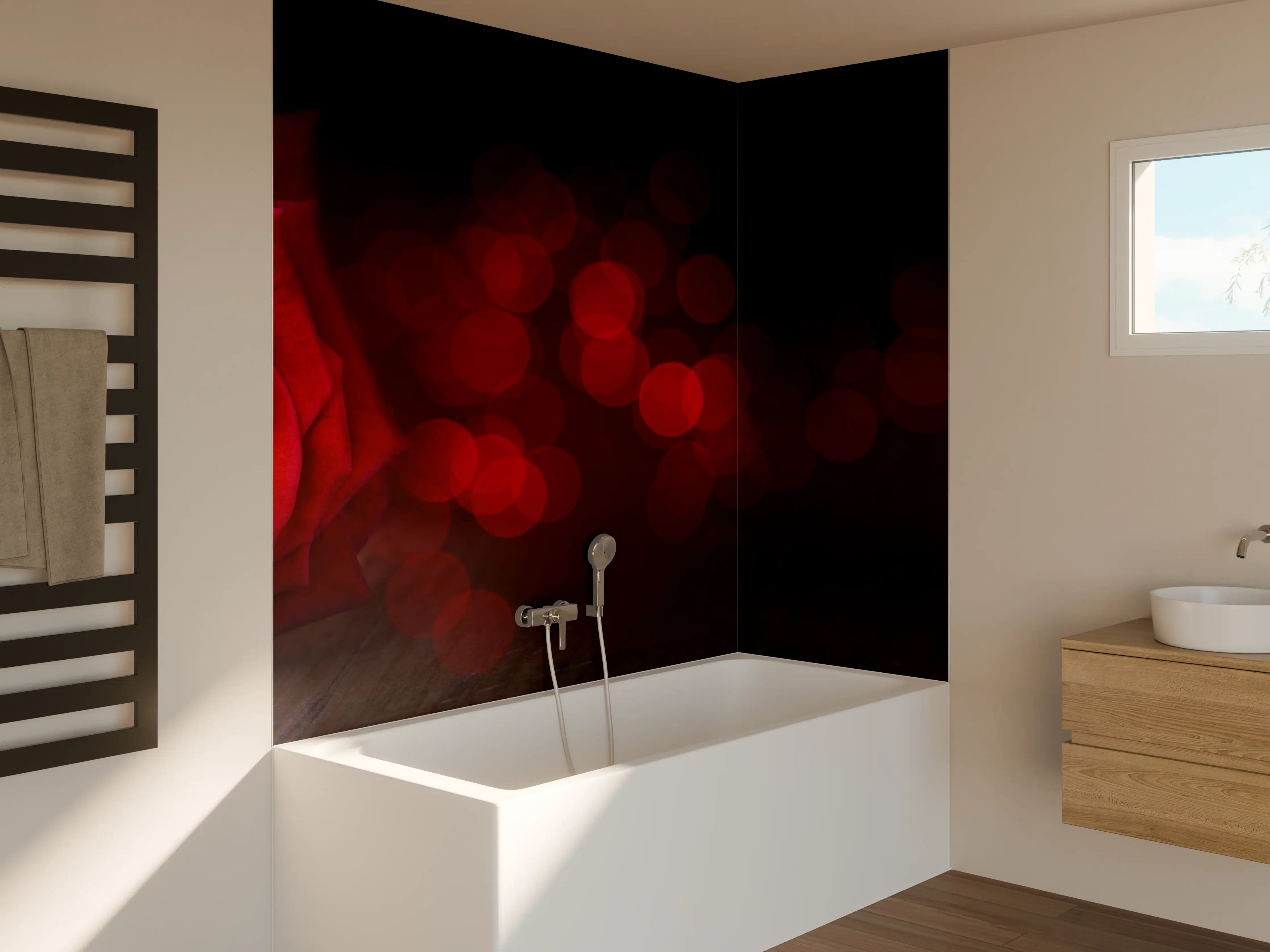 Badewannen-Rückwand - Rote Rose auf schwarzem Hintergrund