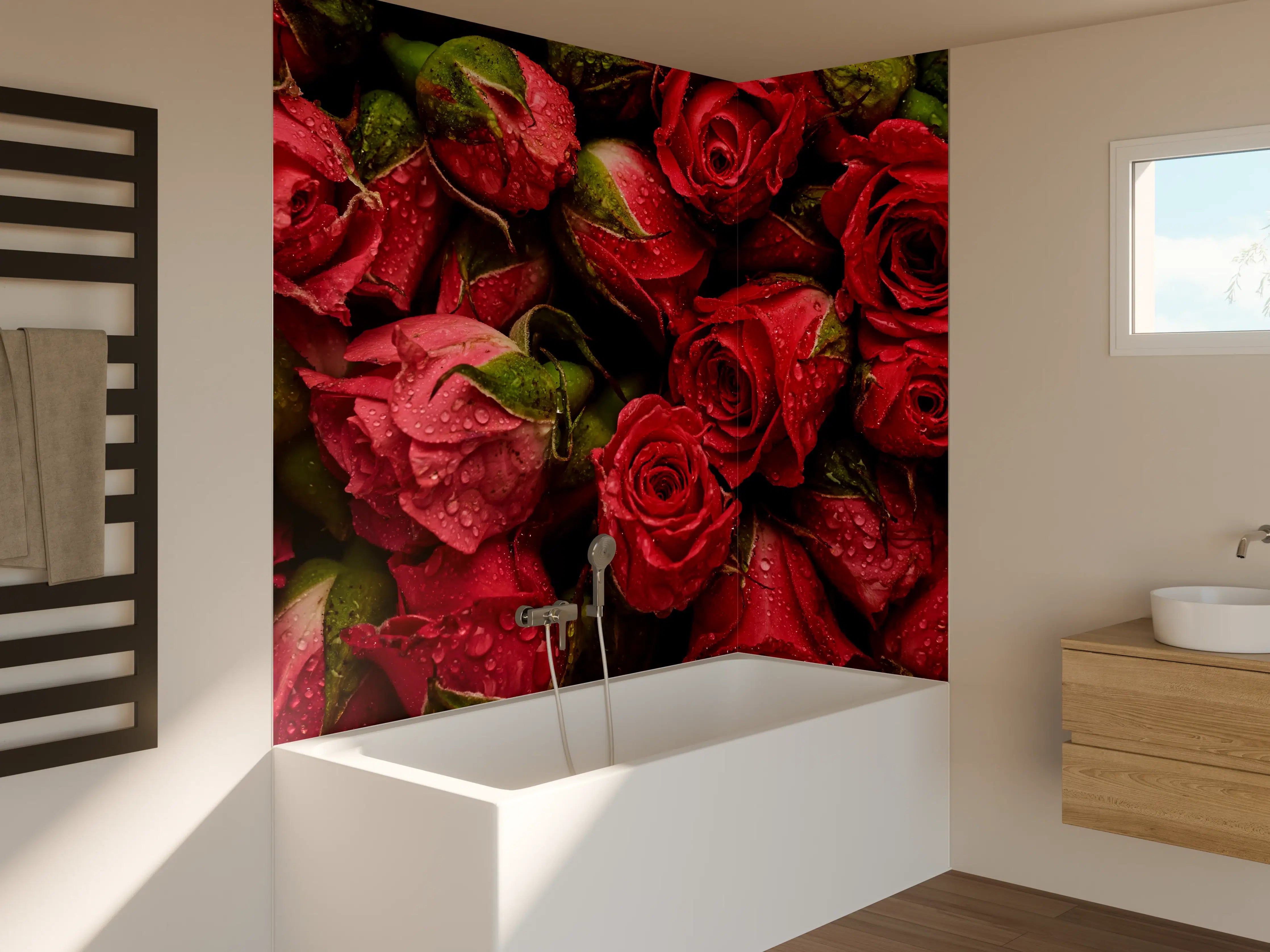 Badewannen-Rückwand - Rote Rosen mit Wassertr"pfchen