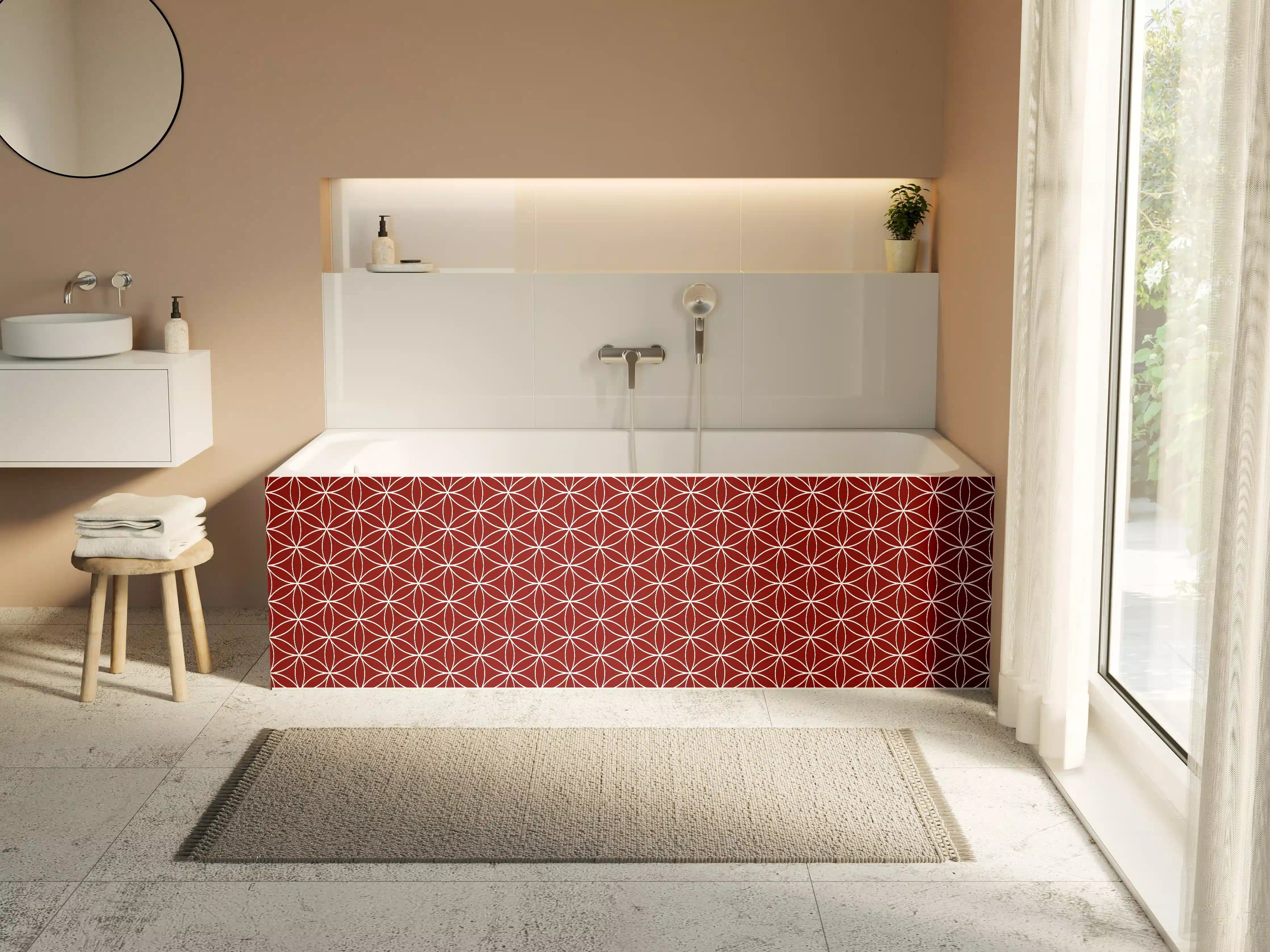 Badewannen-Rückwand - Rote geometrische Muster mit Orangen Akzenten