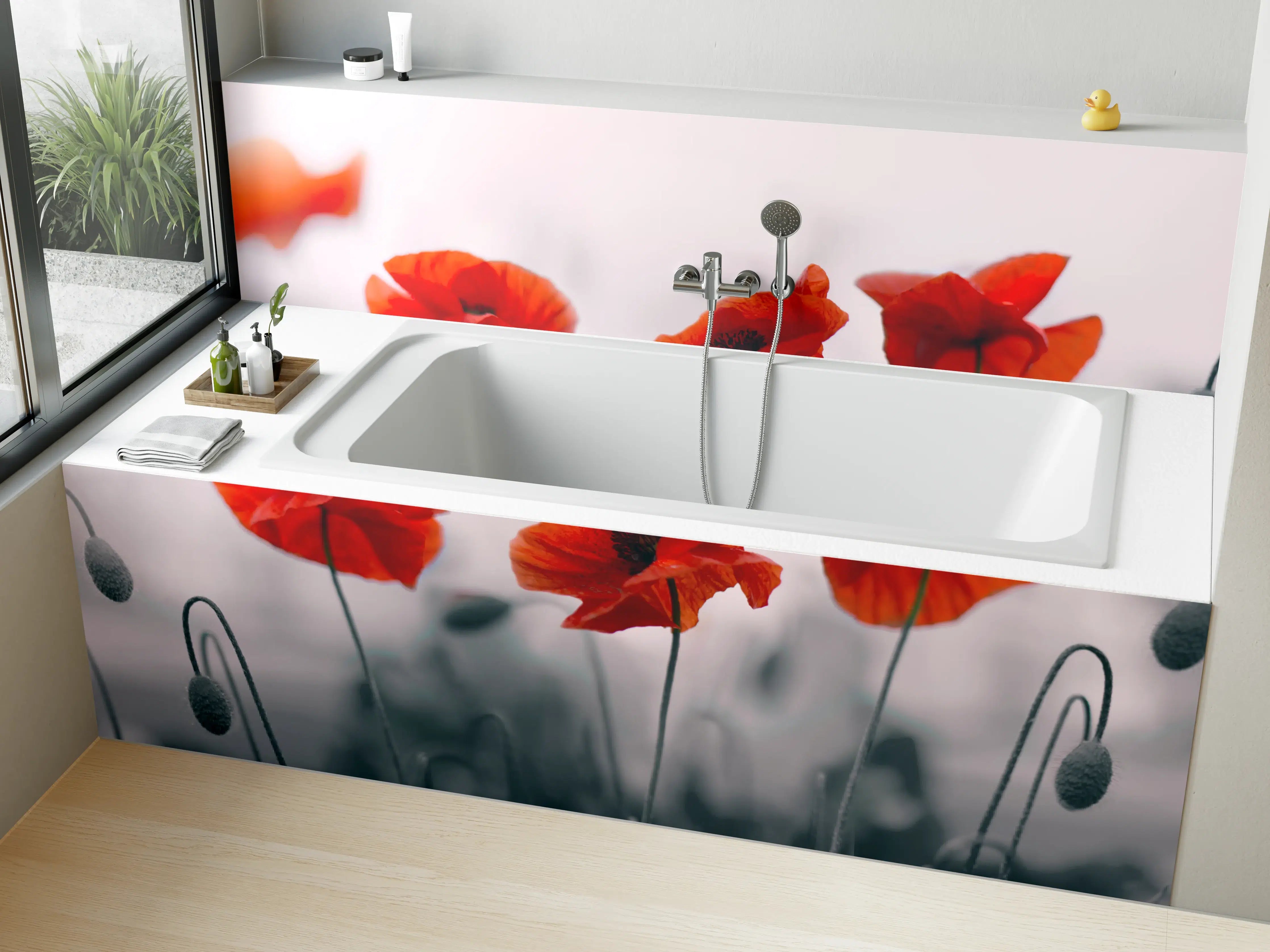 Badewannen-Rückwand - Roter Mohn auf hellem Hintergrund