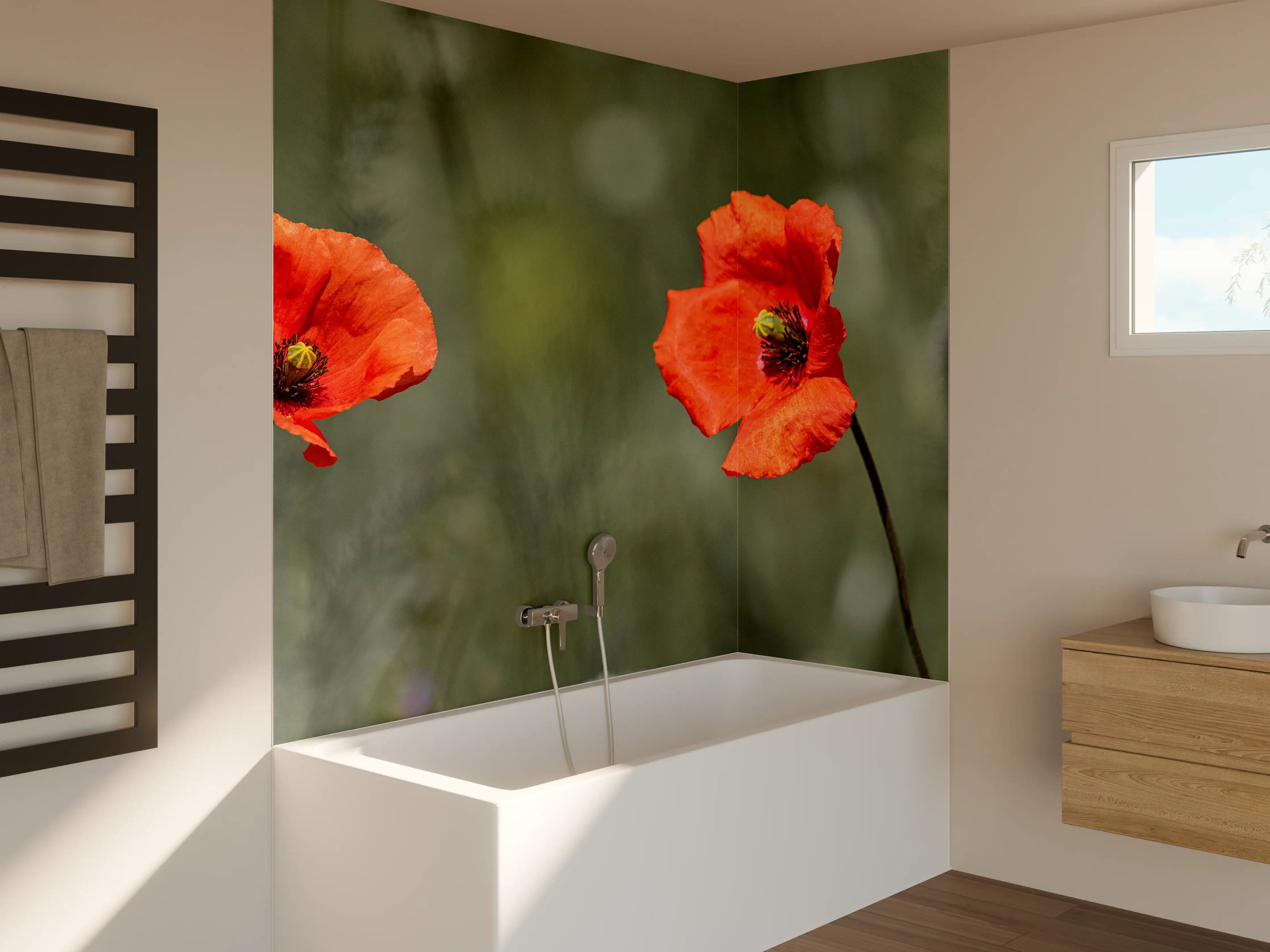 Badewannen-Rückwand - Roter Mohn inmitten des Grüns