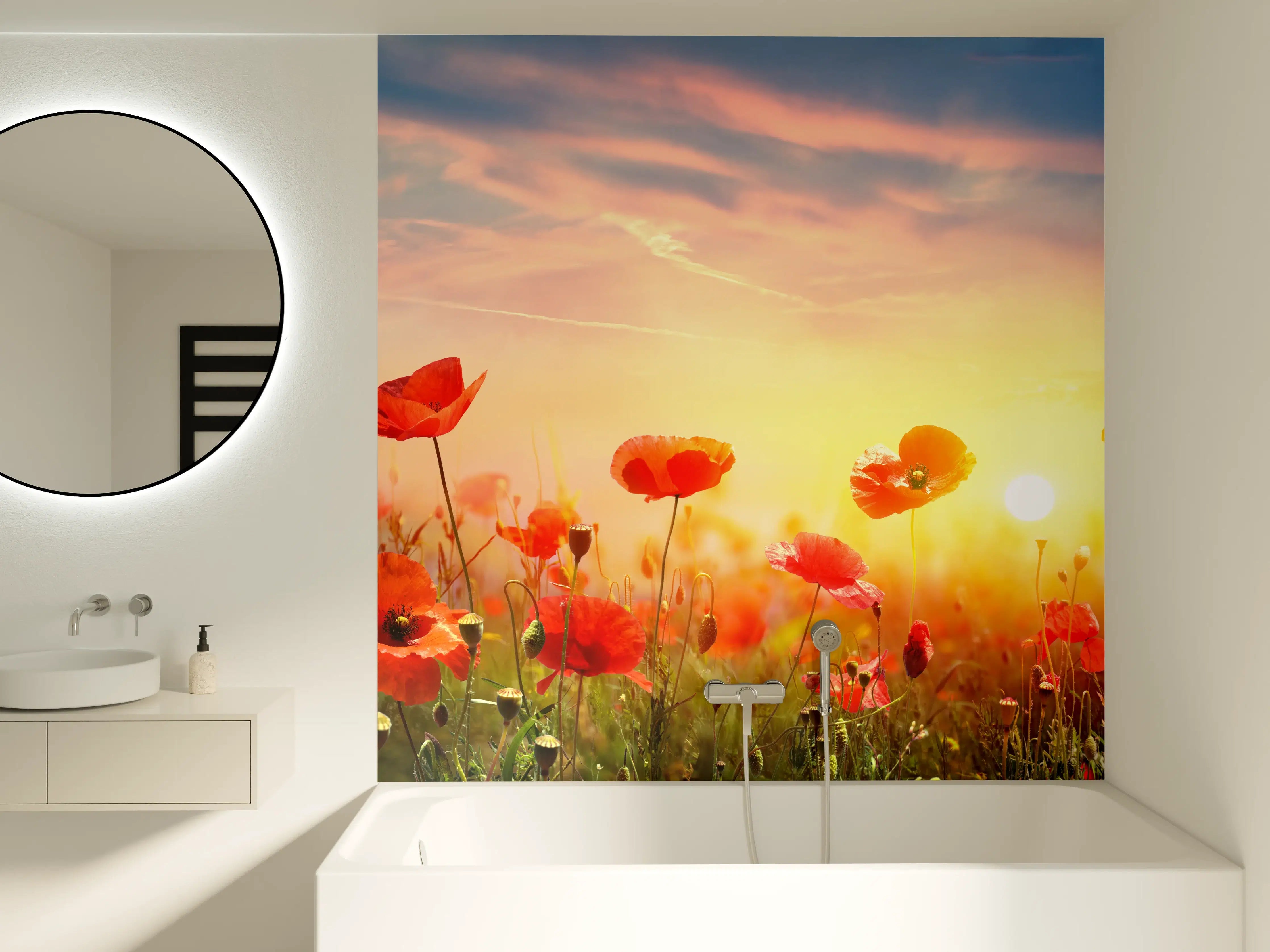 Badewannen-Rückwand - Roter Mohnfeld Sonnenaufgang