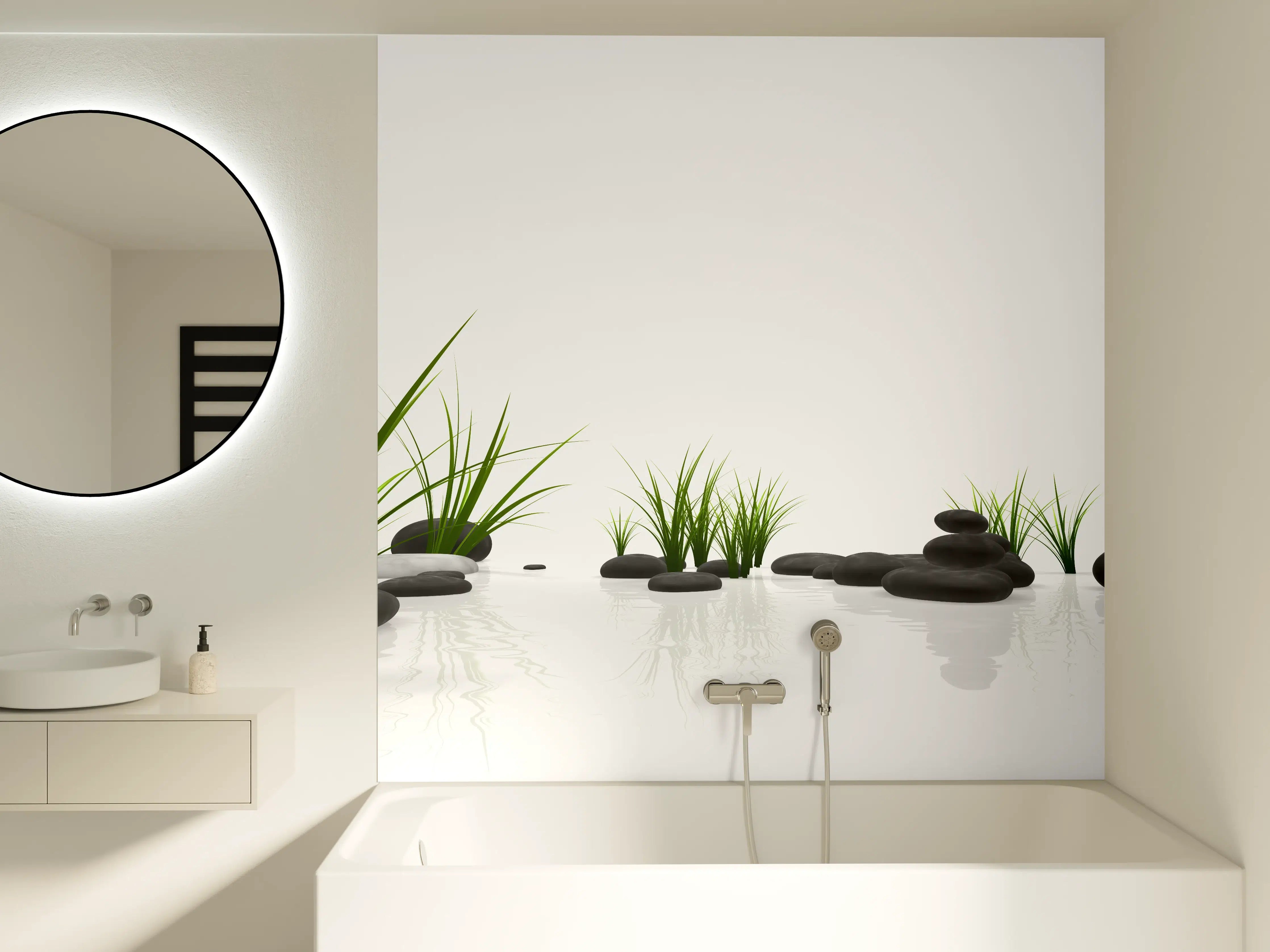 Badewannen-Rückwand - Ruhiges Steine Gefilde mit Gras und Wasser