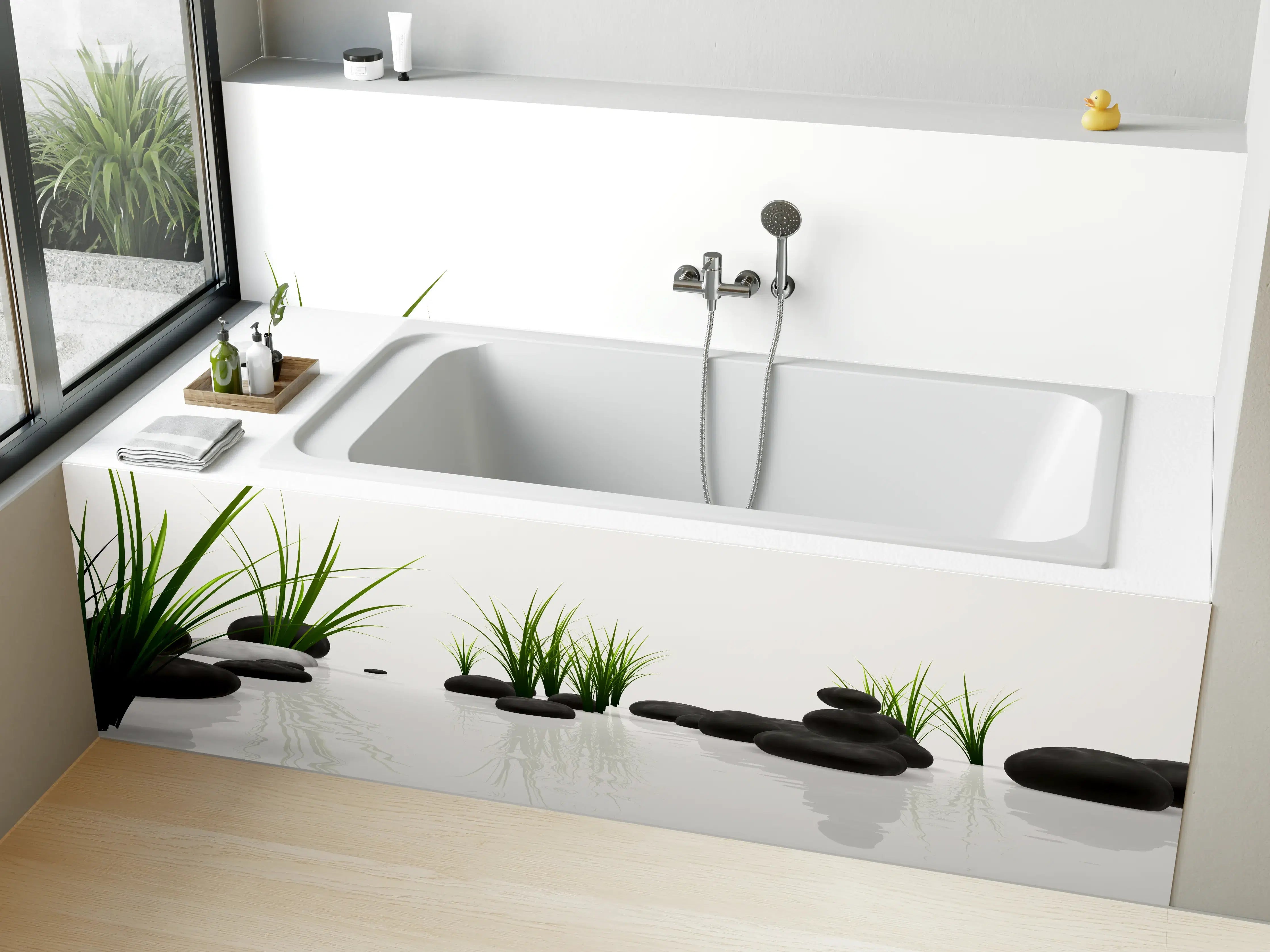 Badewannen-Rückwand - Ruhiges Steine Gefilde mit Gras und Wasser