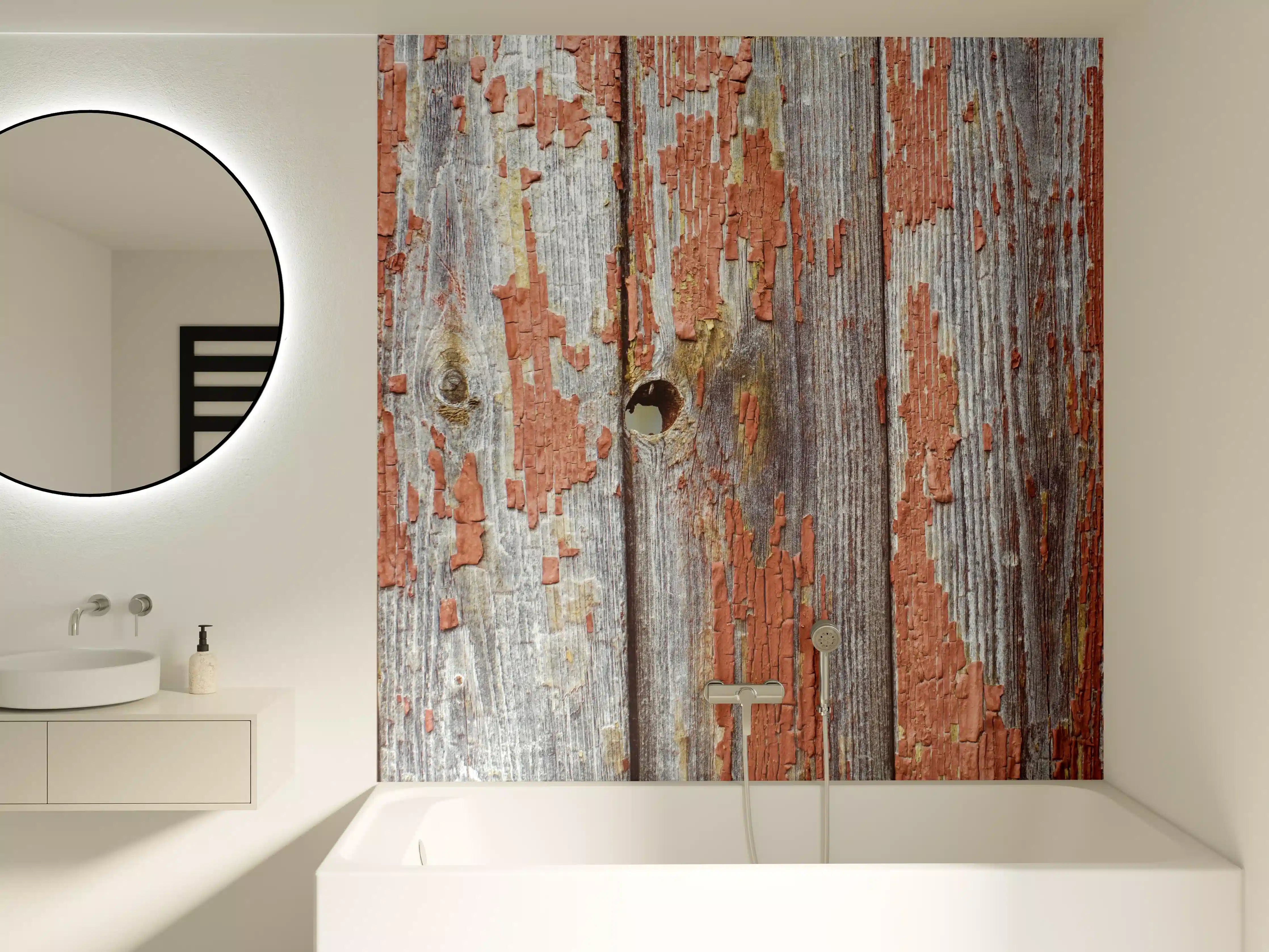 Badewannen-Rückwand - Rustikale Holzbretter mit Loch