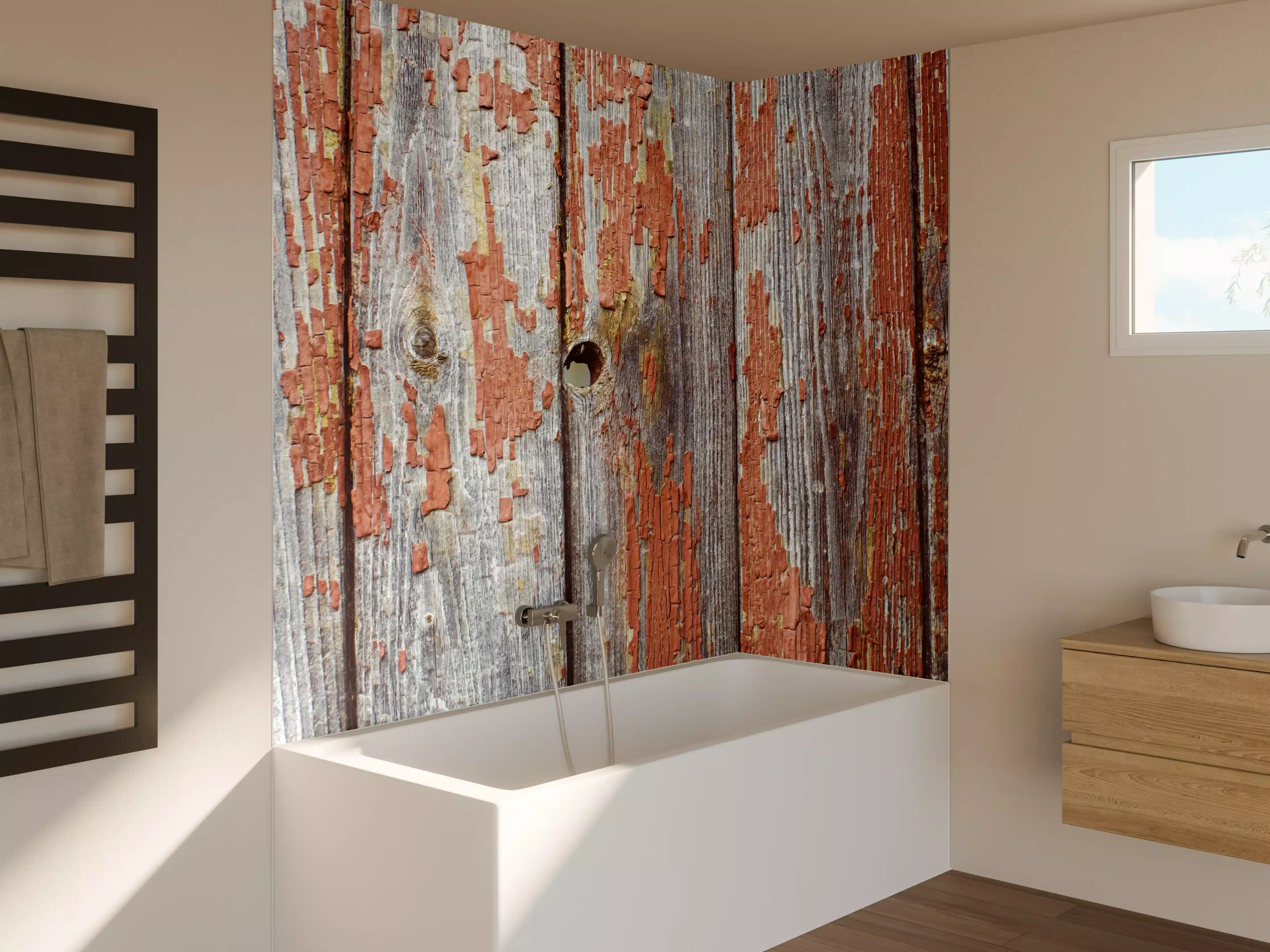 Badewannen-Rückwand - Rustikale Holzbretter mit Loch