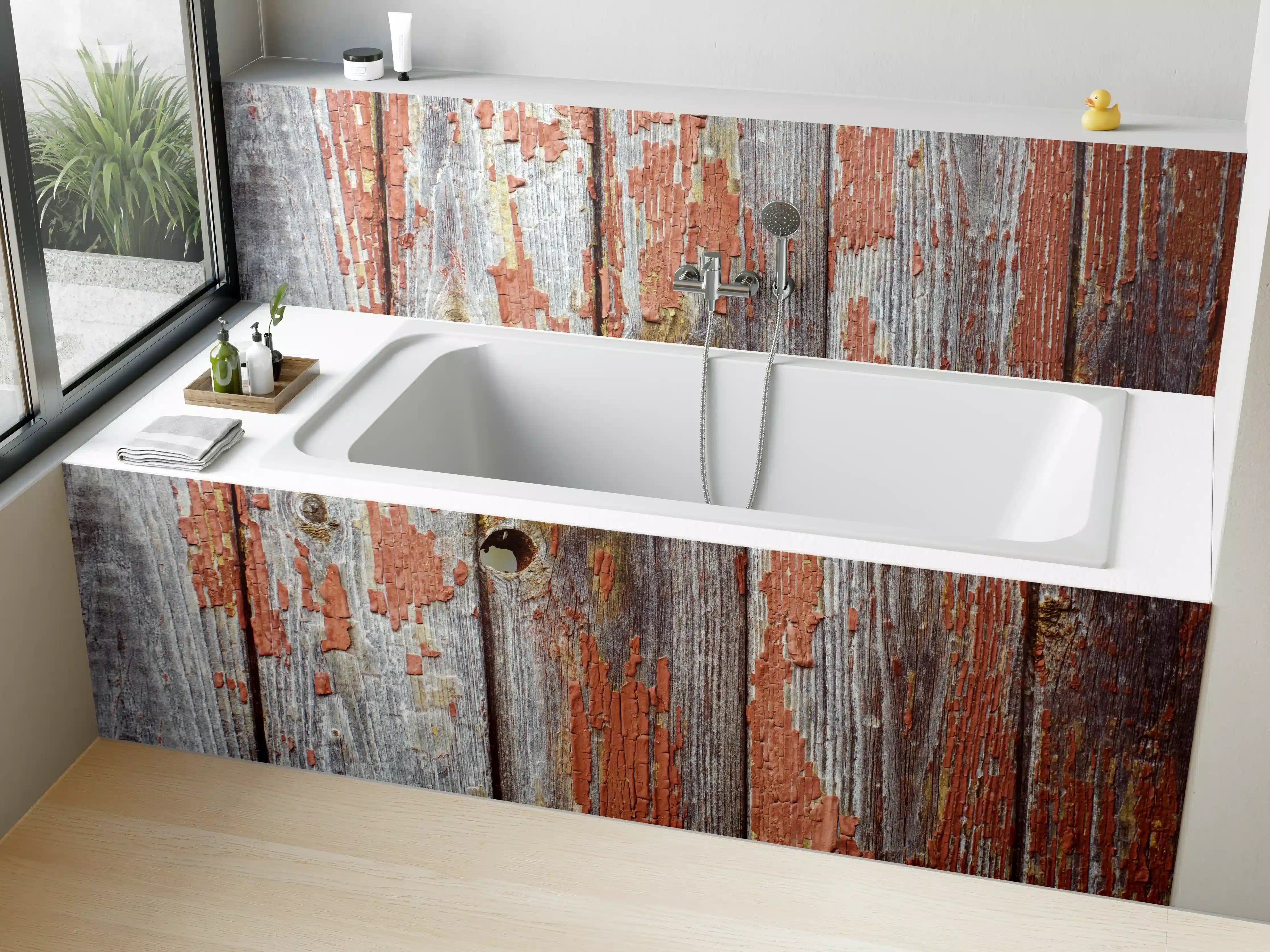 Badewannen-Rückwand - Rustikale Holzbretter mit Loch