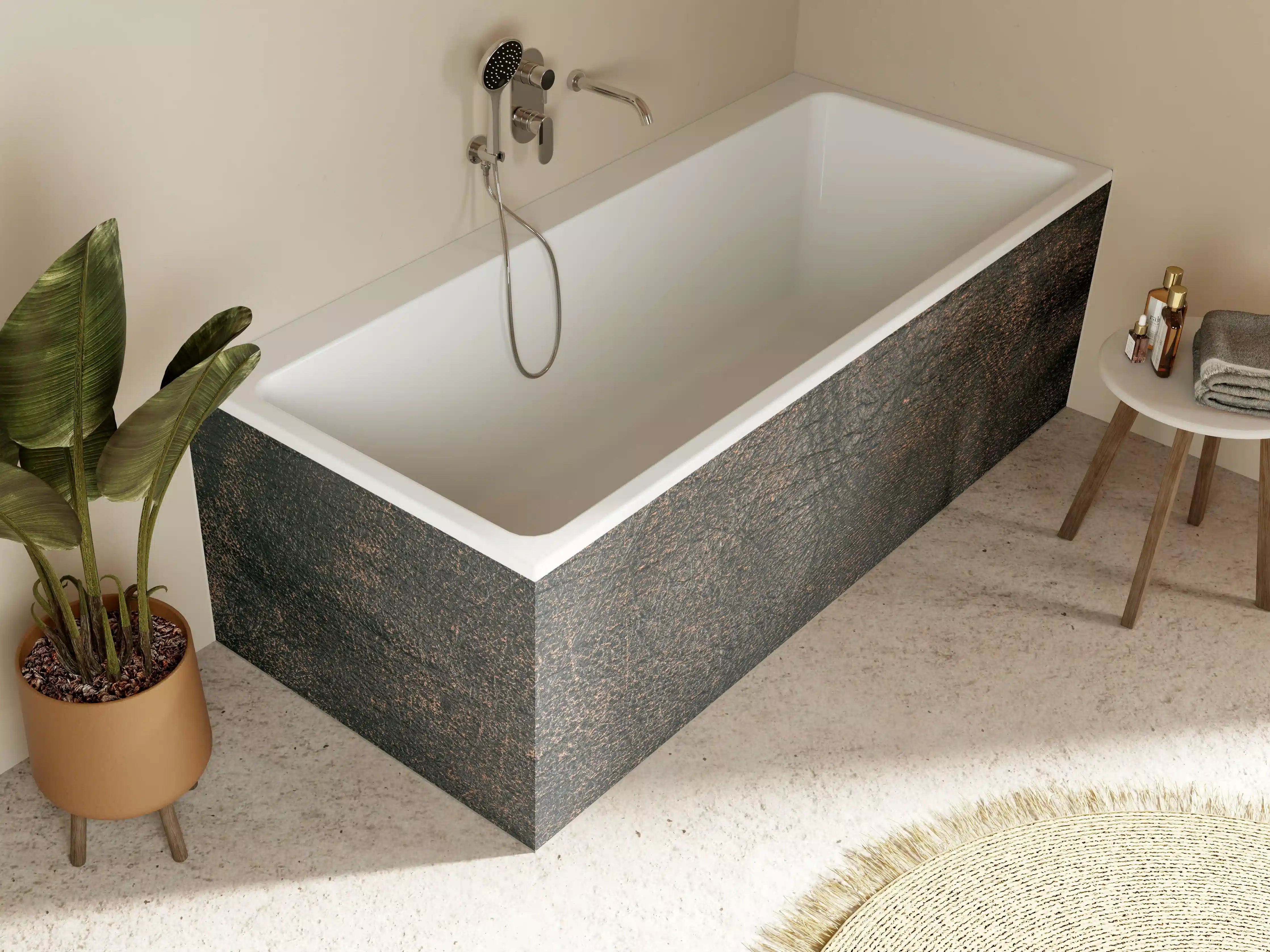 Badewannen-Rückwand - Rustikale Holzwand mit dunklen Naturtönen