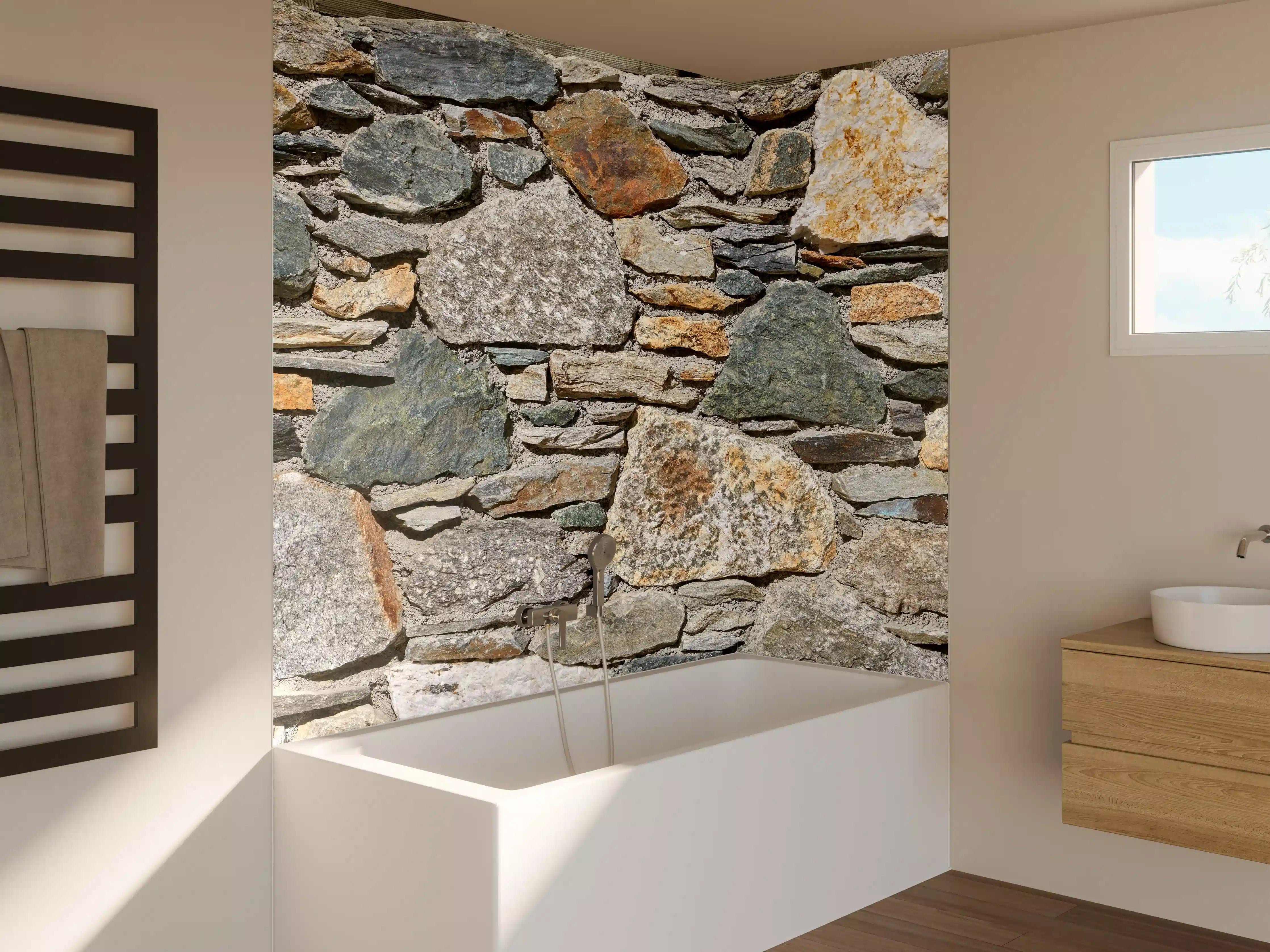 Badewannen-Rückwand - Rustikale Steinwand in Erdtönen