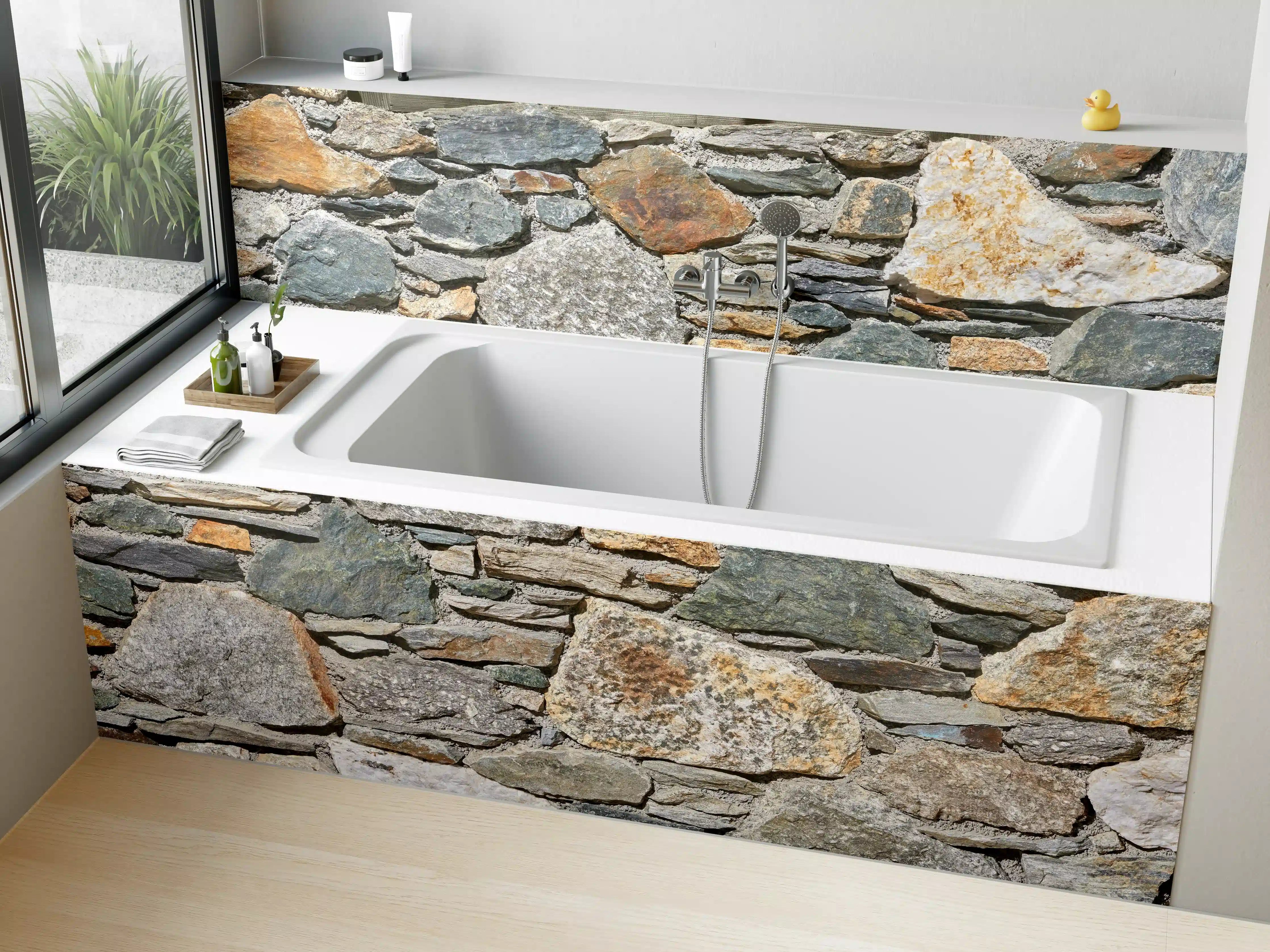 Badewannen-Rückwand - Rustikale Steinwand in Erdtönen