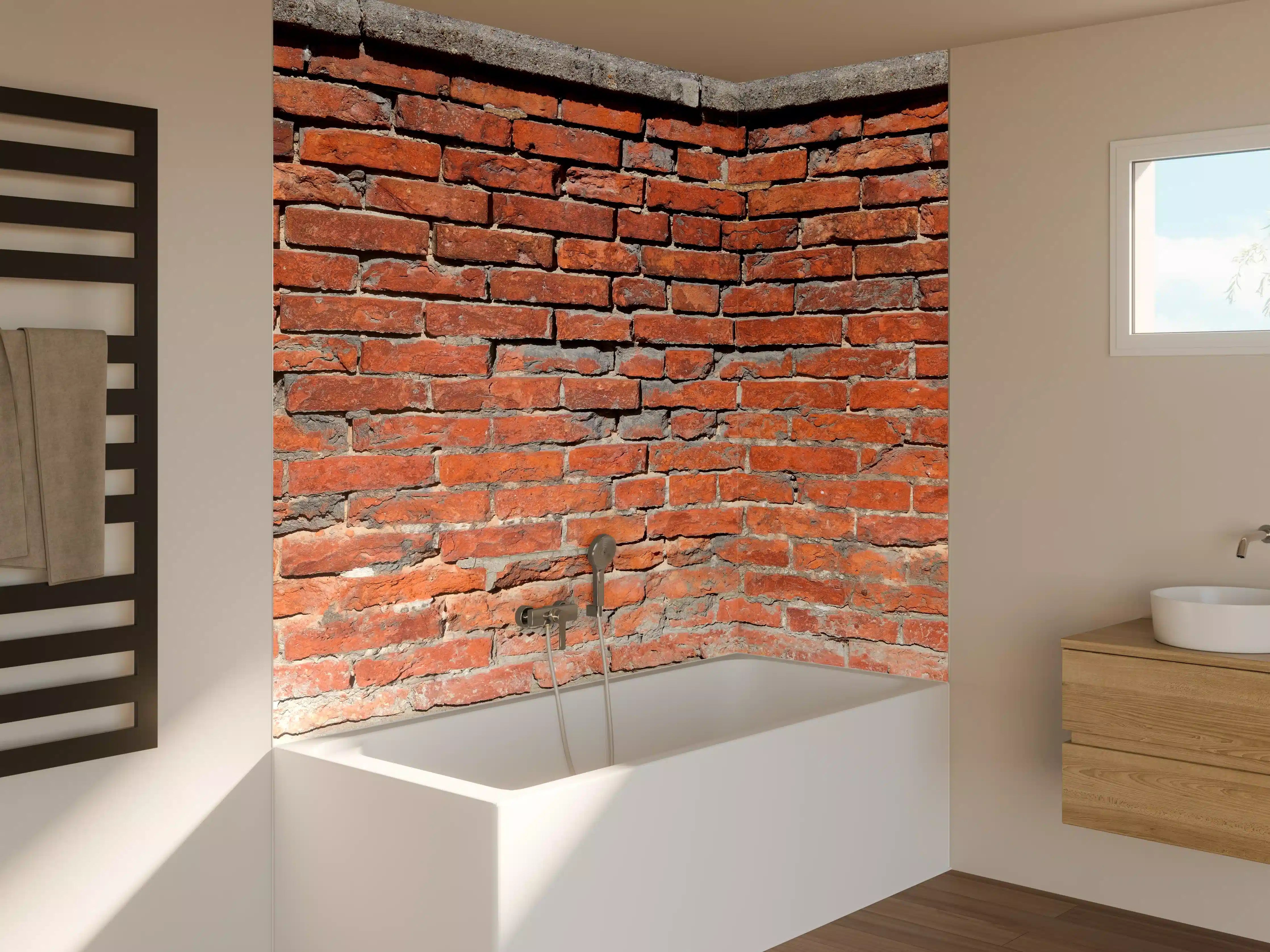 Badewannen-Rückwand - Rustikale Ziegelmauer im Vintage-Stil