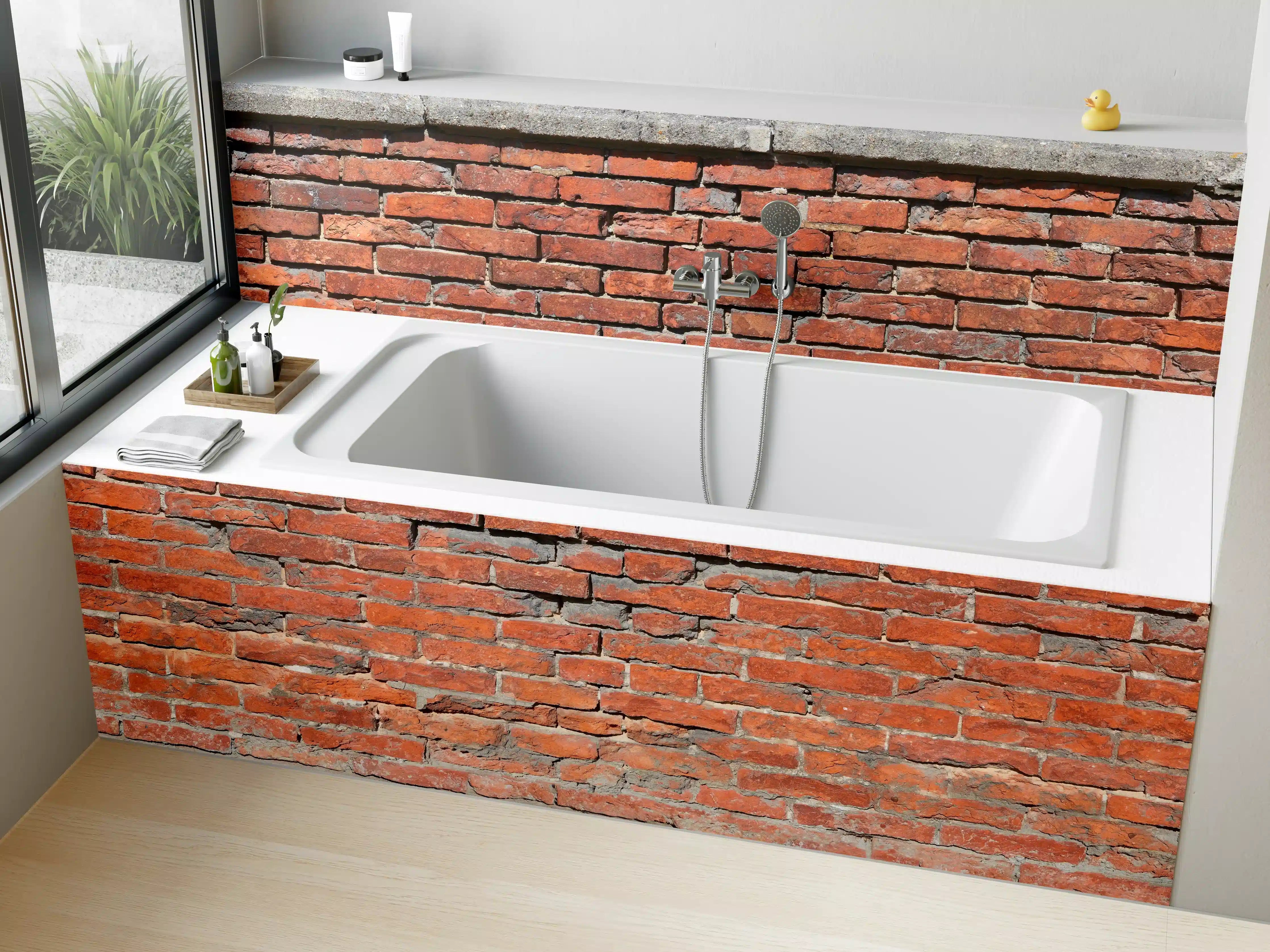 Badewannen-Rückwand - Rustikale Ziegelmauer im Vintage-Stil