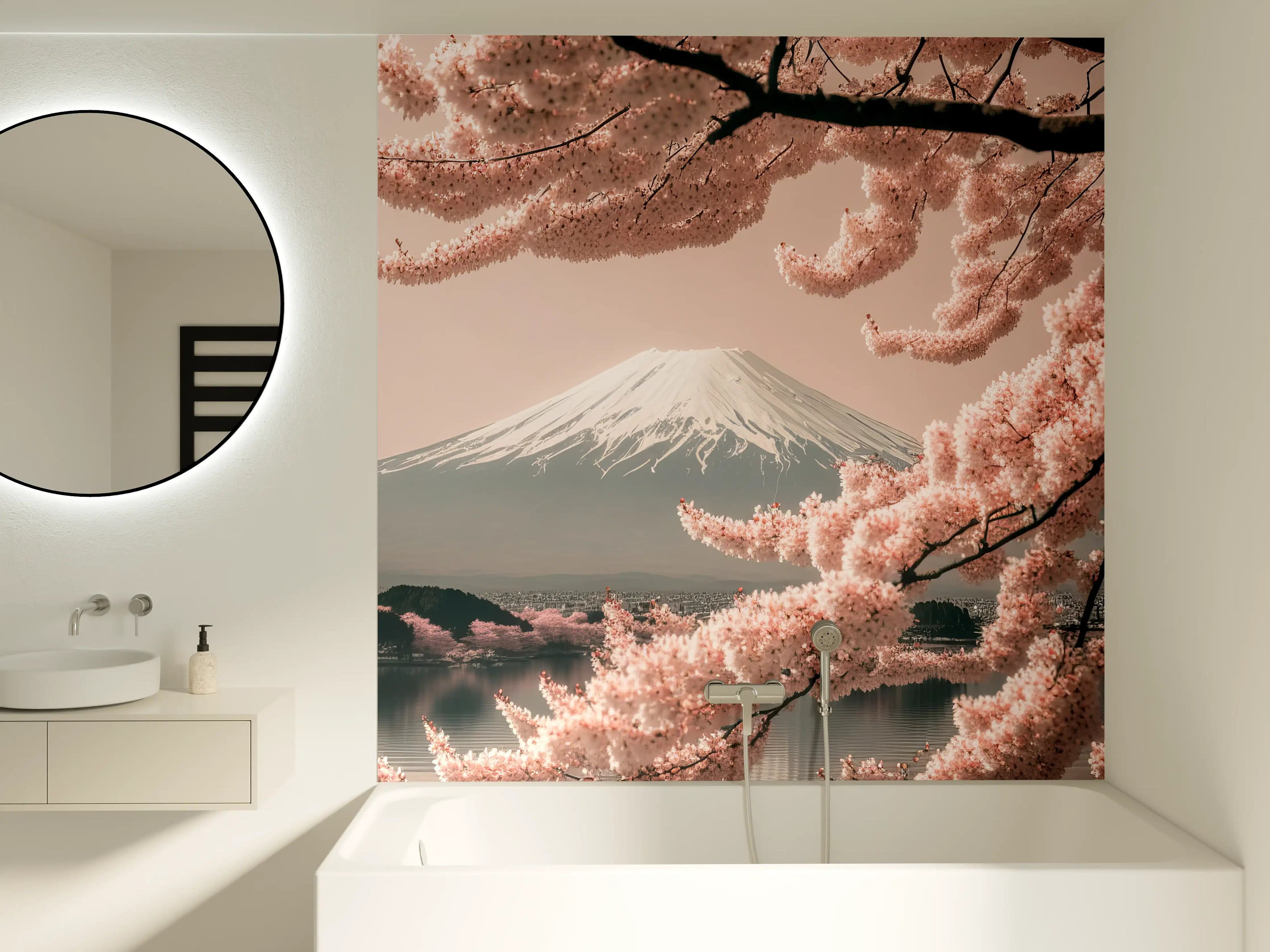 Badewannen-Rückwand - Sakura Baum mit Fuji Berg im Hintergrund