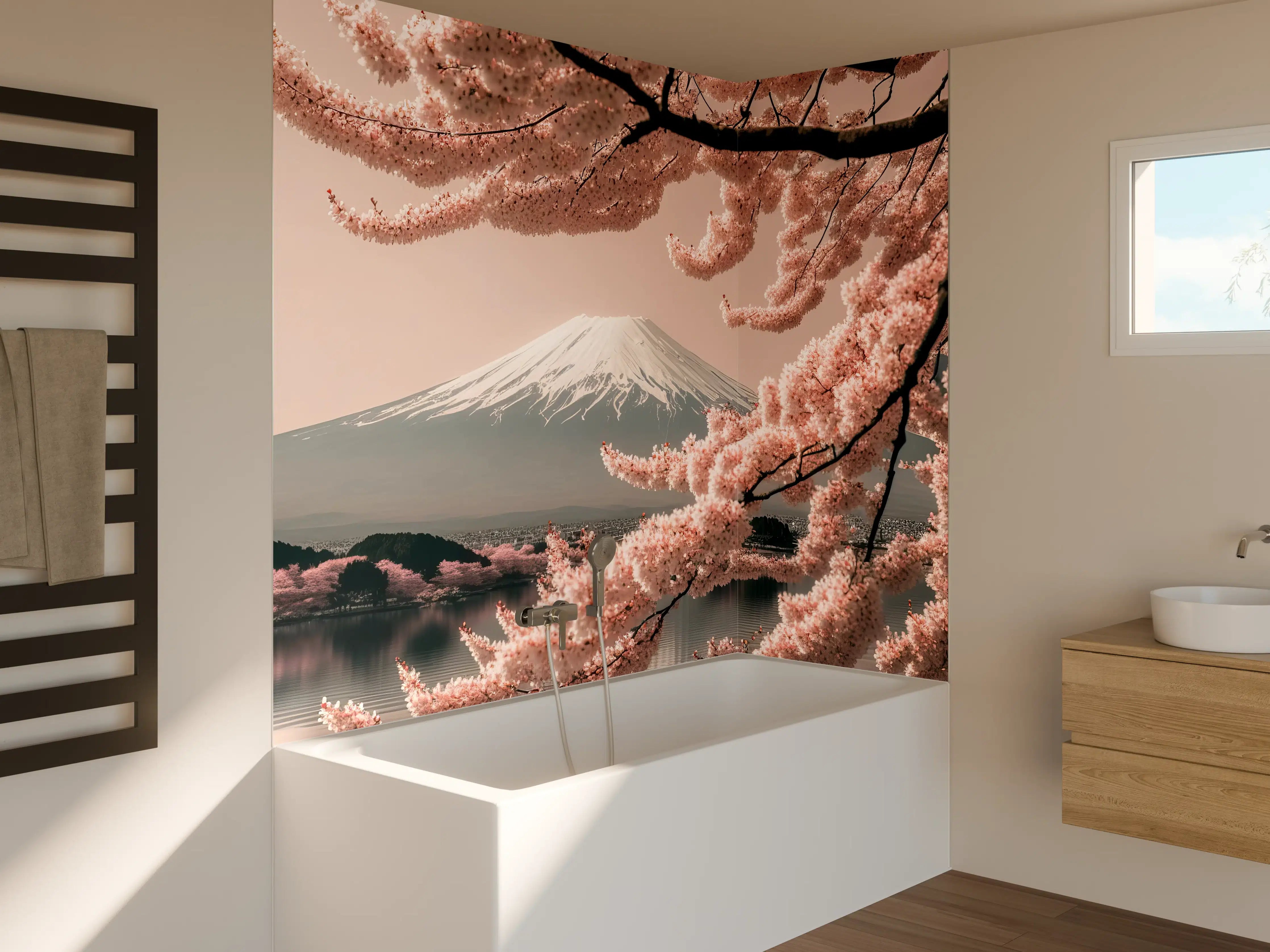Badewannen-Rückwand - Sakura Baum mit Fuji Berg im Hintergrund