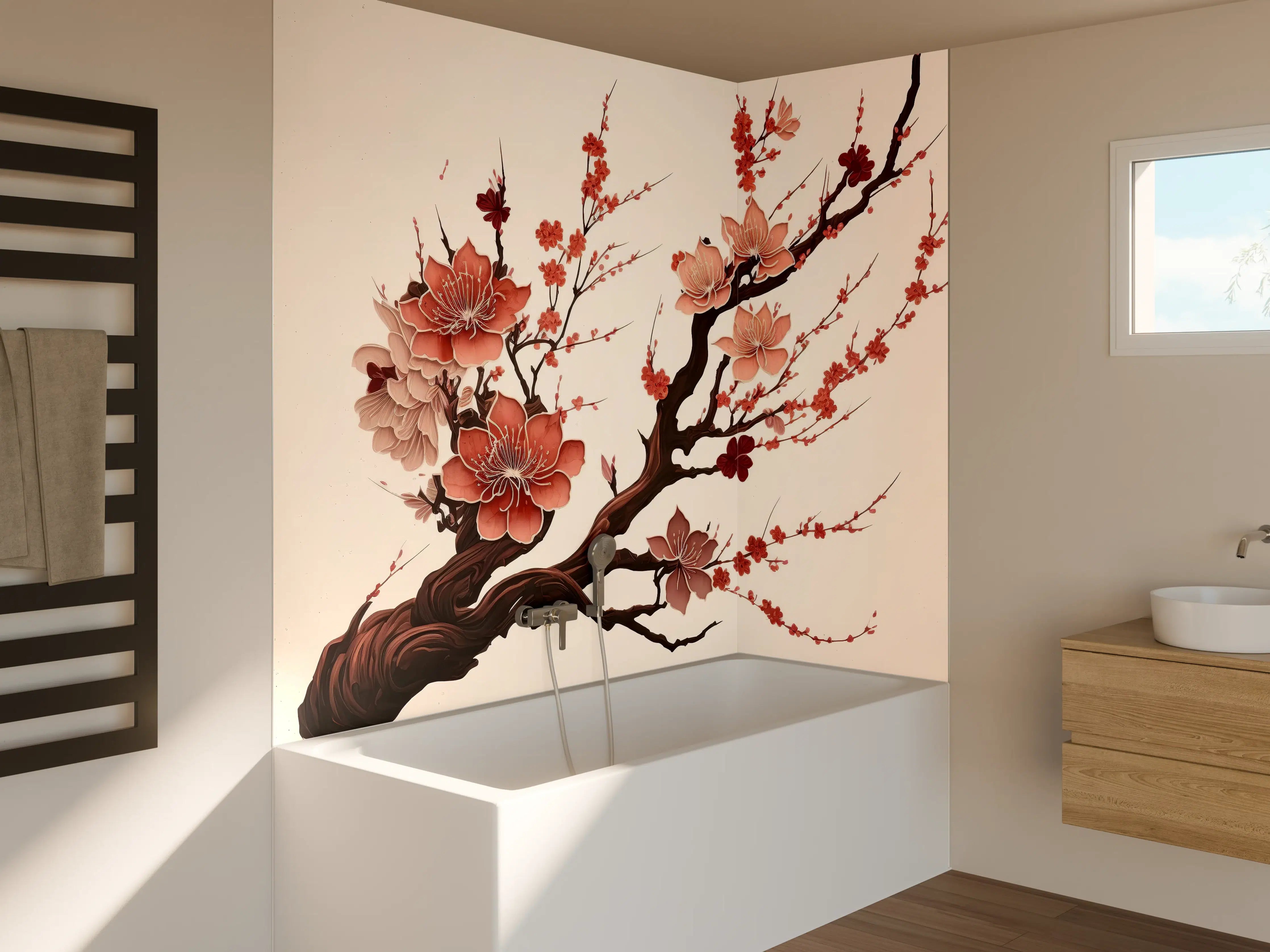 Badewannen-Rückwand - Sakura Kirschblüte Aquarell