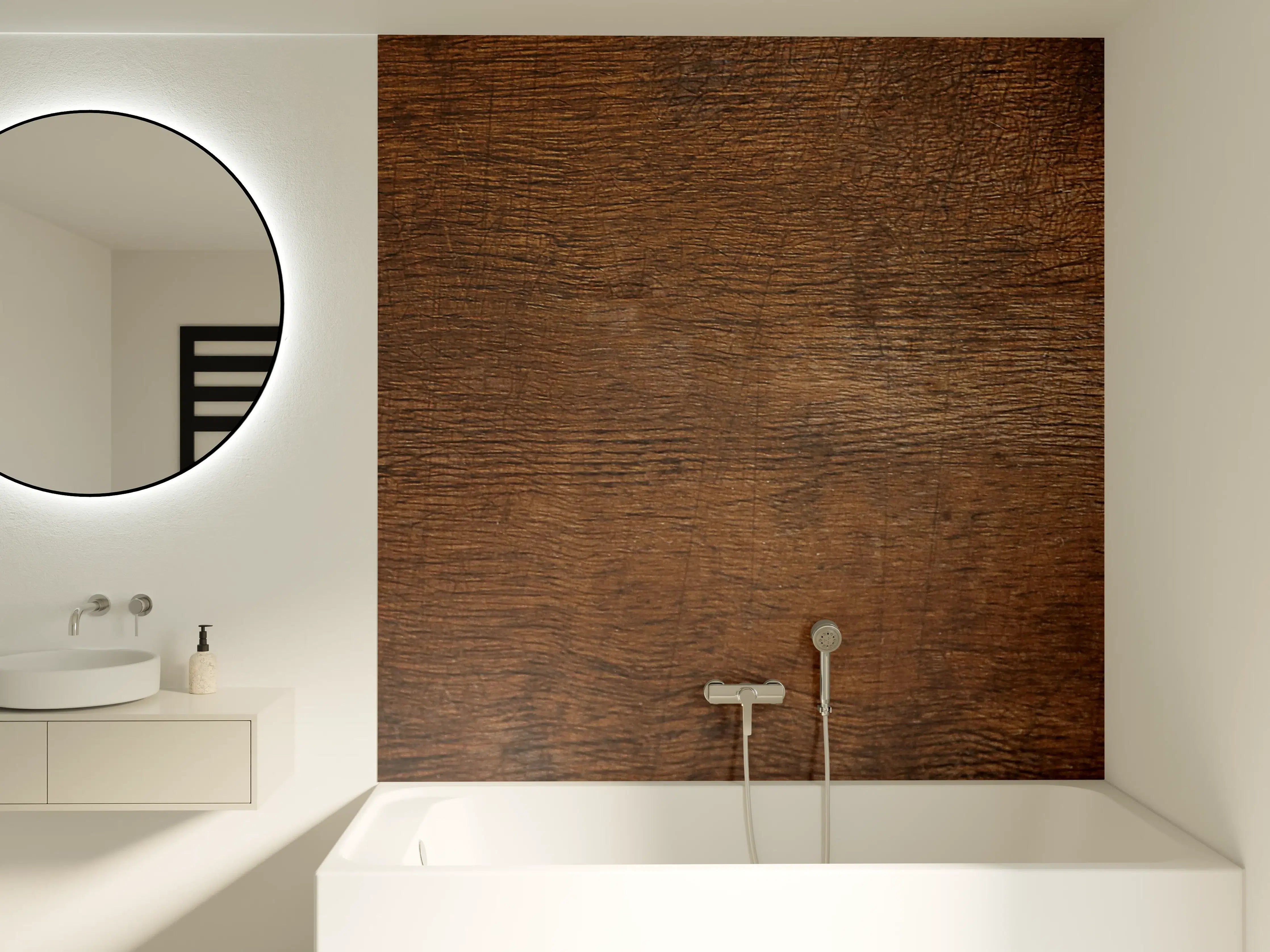 Badewannen-Rückwand - Sanfte Grautöne im warmen Holzdesign