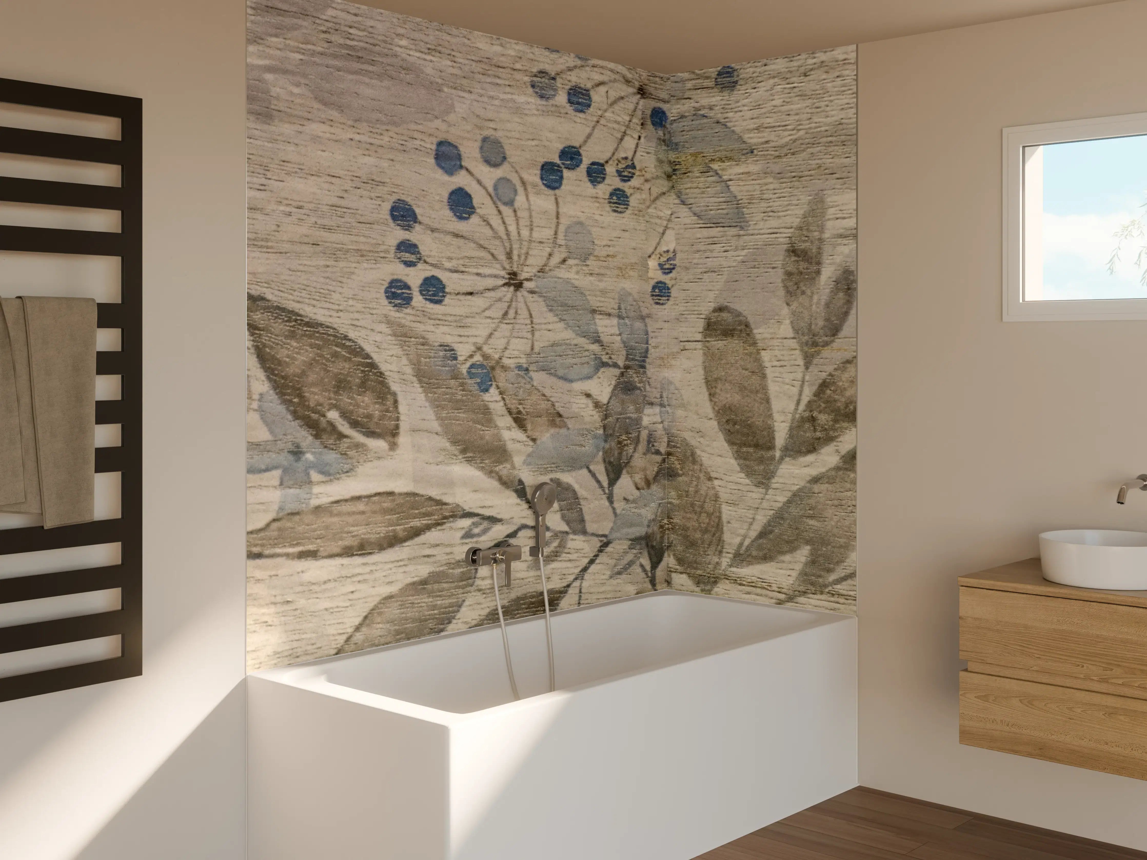 Badewannen-Rückwand - Sanfte Naturtextur mit blauen Akzenten