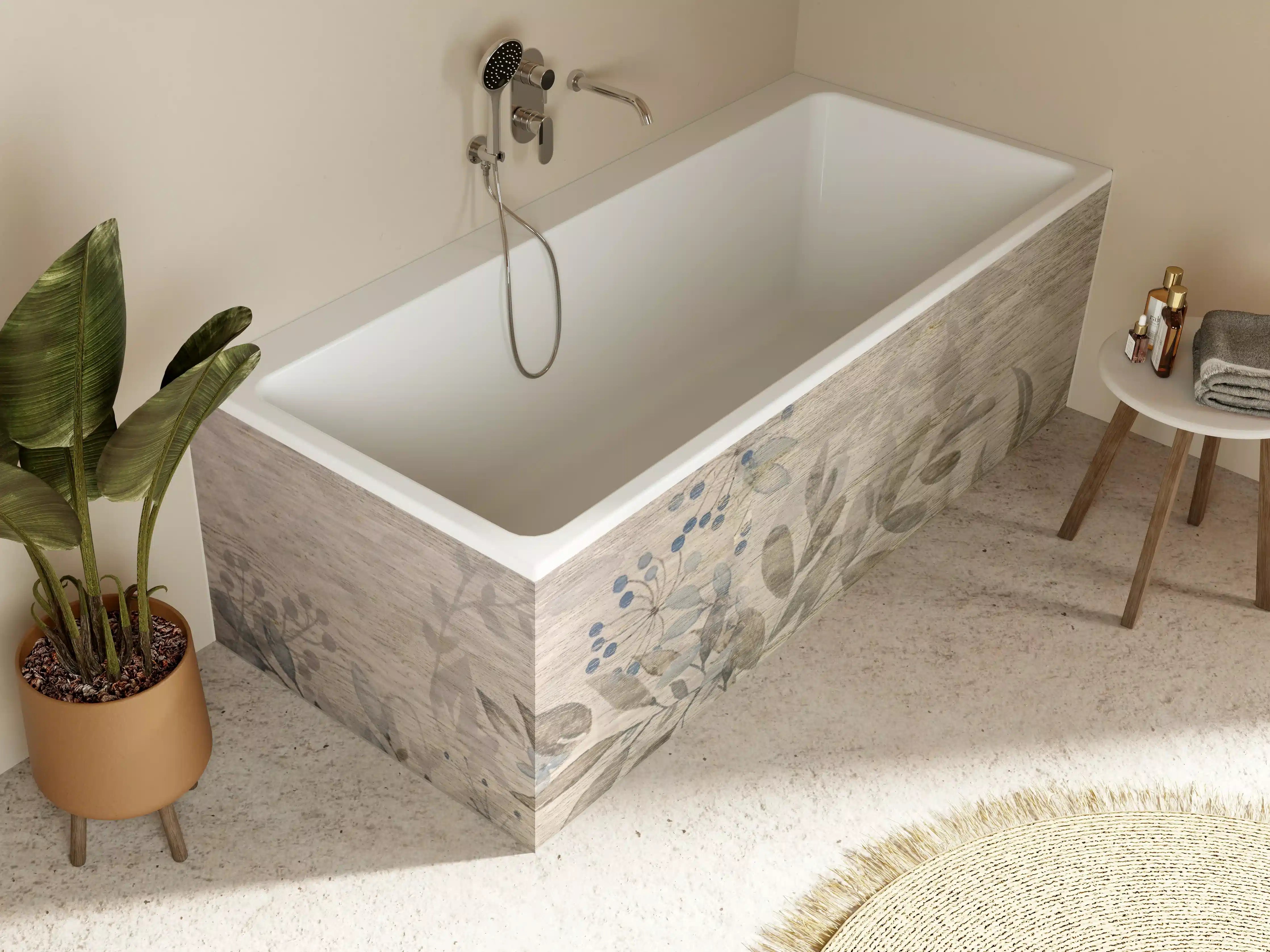 Badewannen-Rückwand - Sanfte Naturtextur mit blauen Akzenten