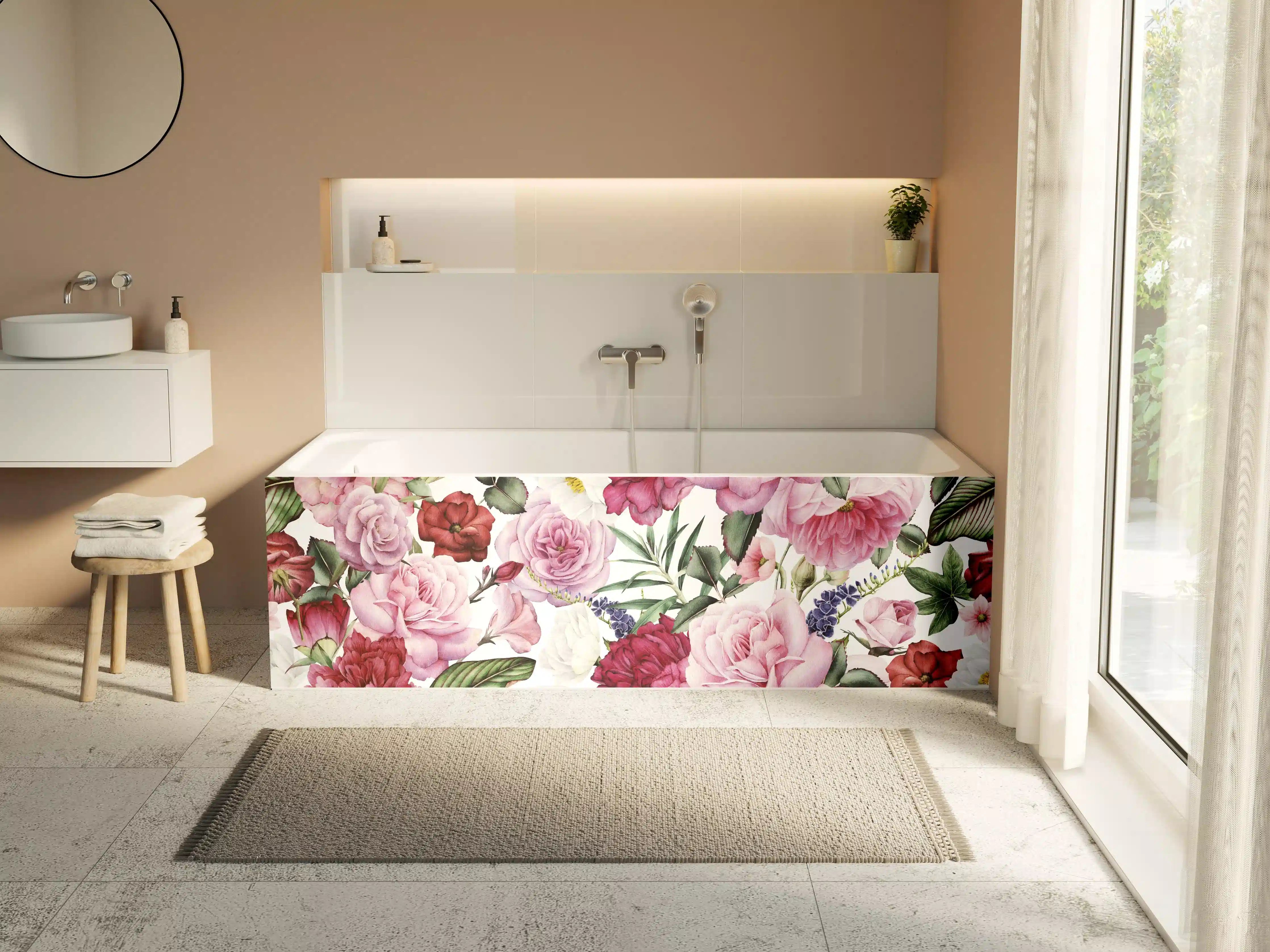 Badewannen-Rückwand - Sanfte Rosen und Grau-Blumen