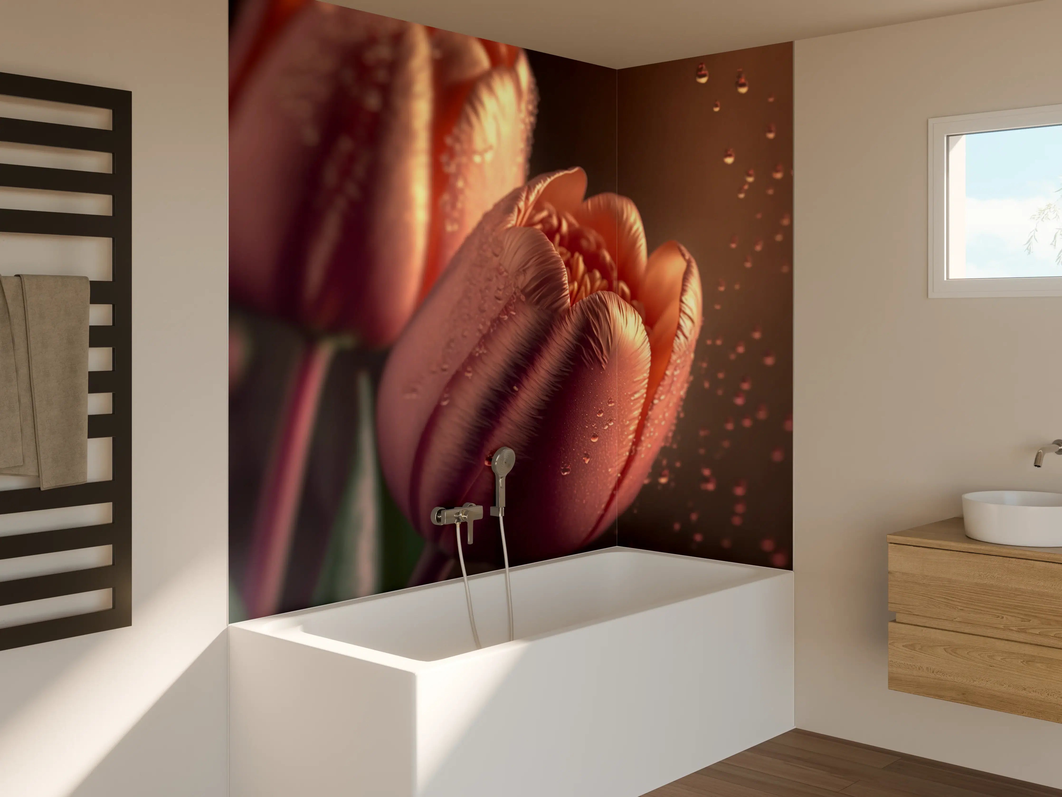 Badewannen-Rückwand - Sanfte Rosenblüte in warmem Licht