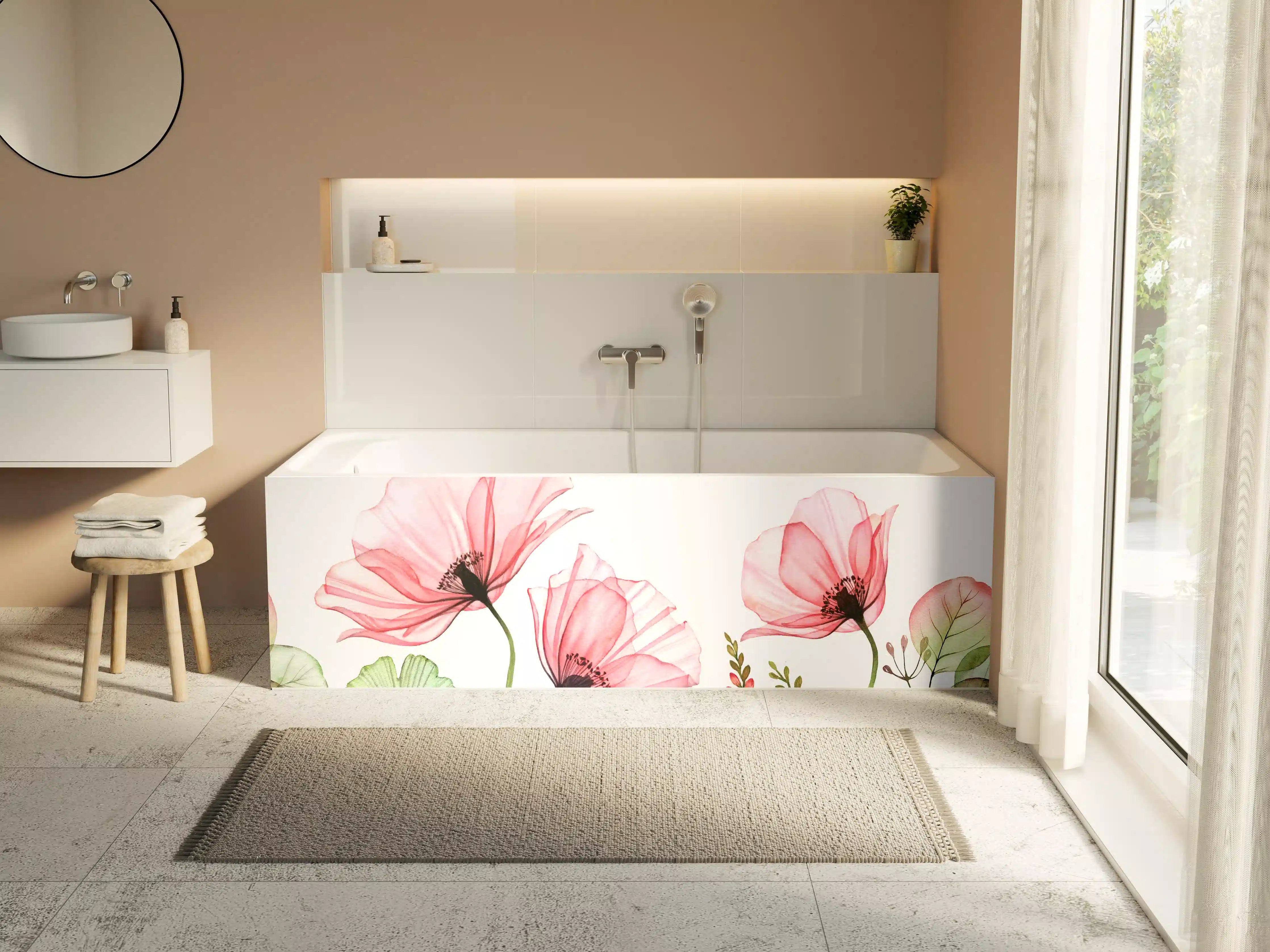 Badewannen-Rückwand - Sanfte Wasserfarben-Blumen in Pastell