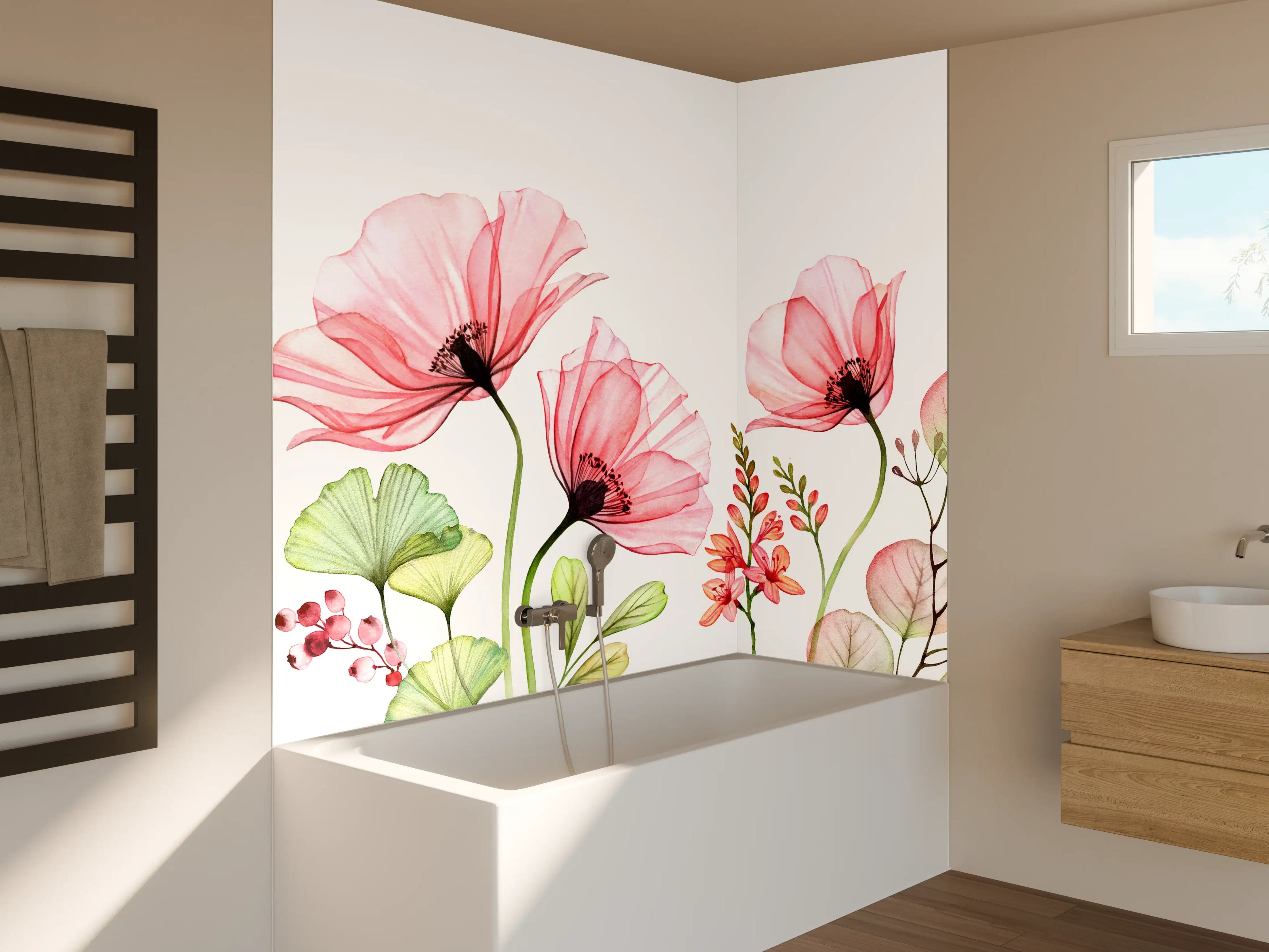 Badewannen-Rückwand - Sanfte Wasserfarben-Blumen in Pastell
