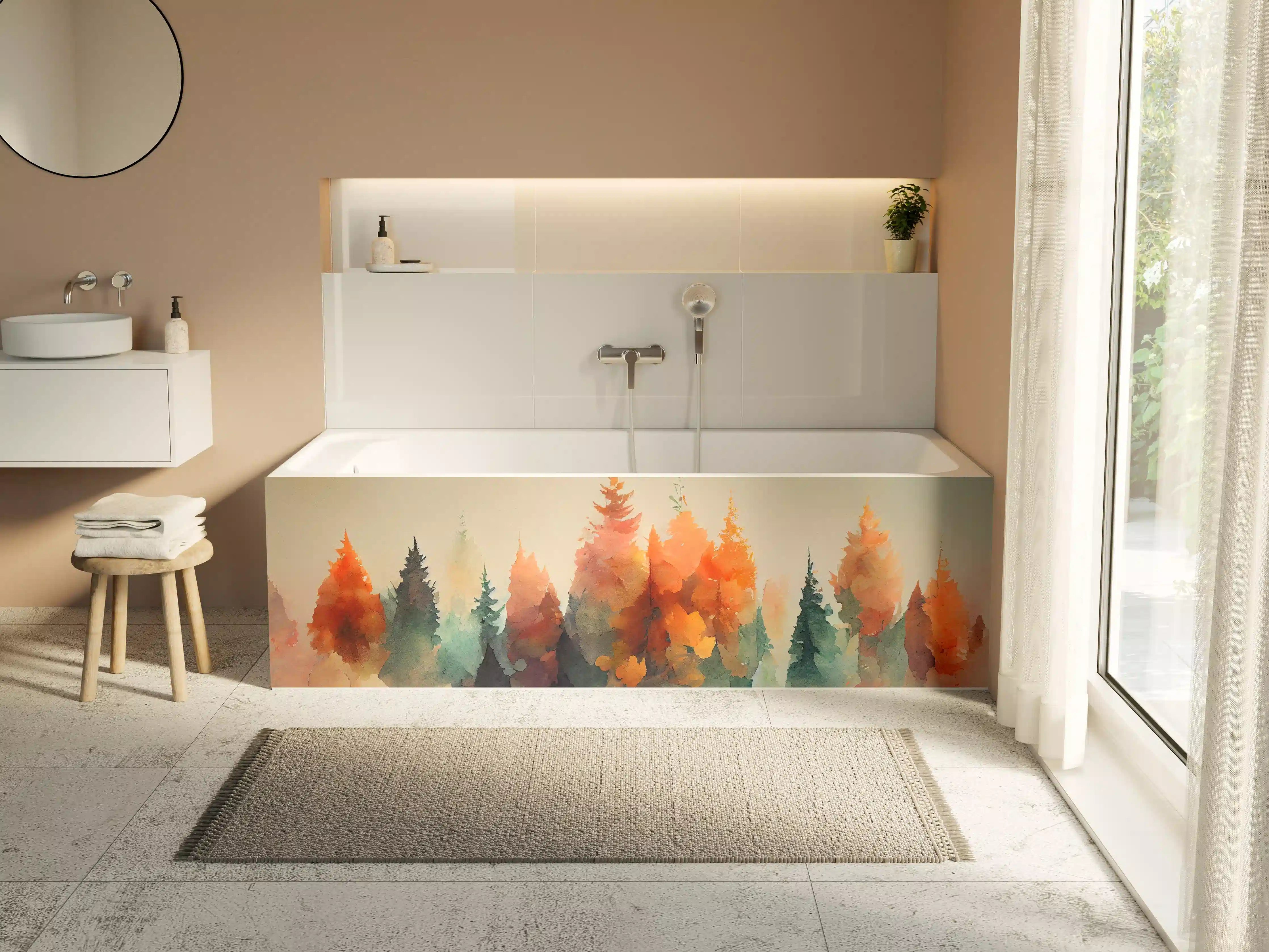 Badewannen-Rückwand - Sanfte Wasserfarben-Waldszene mit warmen Tönen